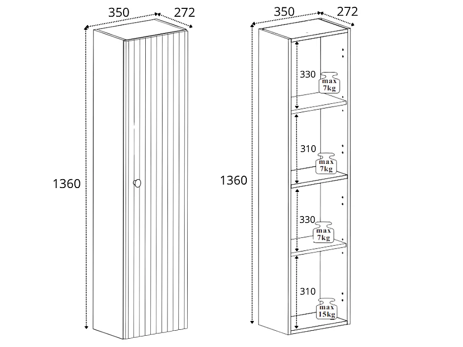 Badkamerkolom, eiken noten, grepen in drie kleuren, 35 x 27 x 136 cm