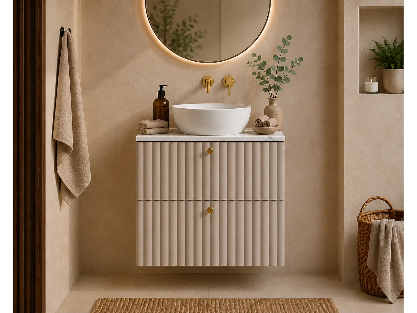 Meuble de salle de bain suspendu avec plan 60, cachemire + plan effet marbre Bianco, poignées en trois couleurs, 60 x 46 x 58,6 cm