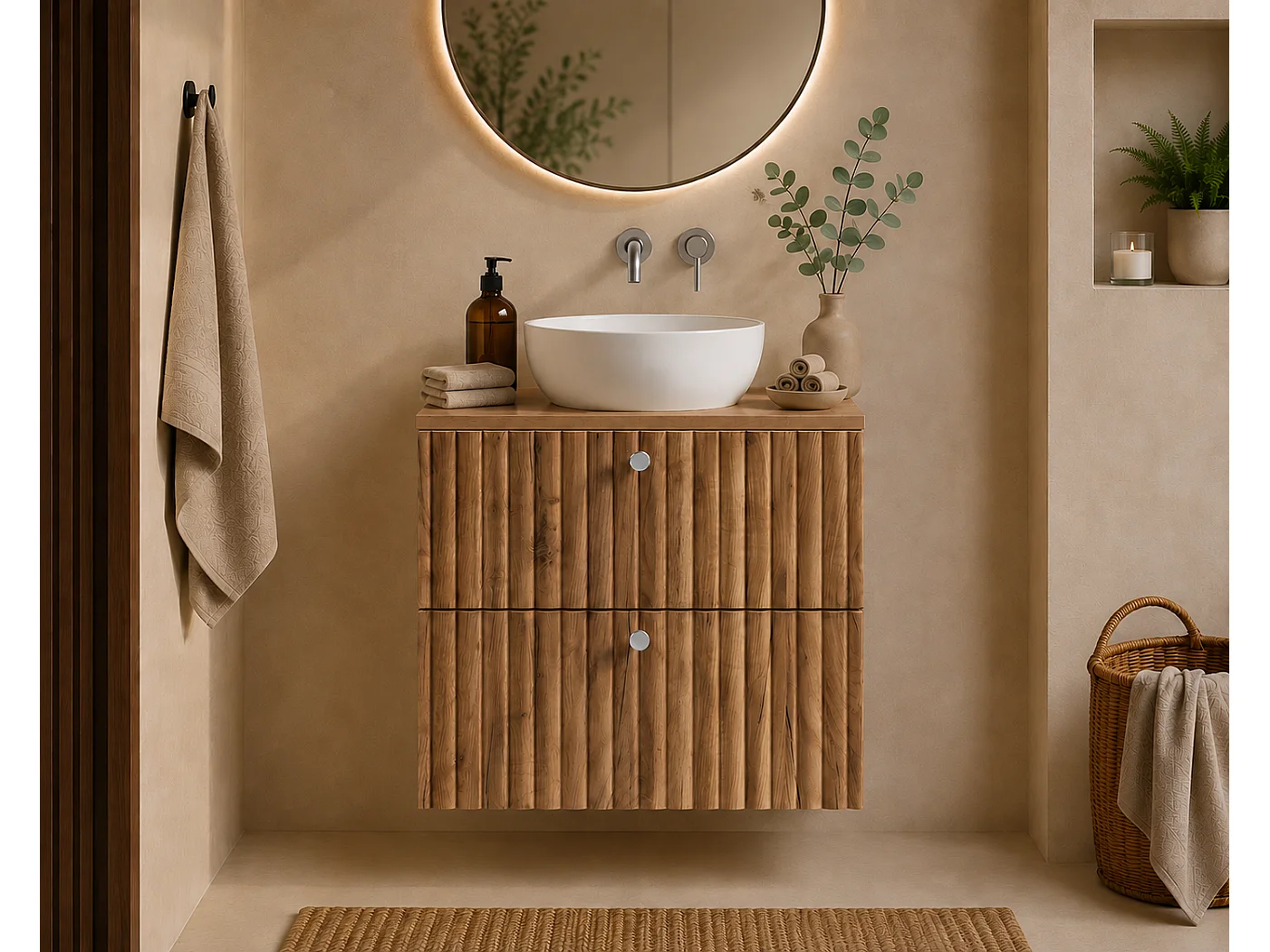 Væghængt badeværelsesskab med bordplade 60, eg craft guld + bordplade eg craft, greb i tre farver, 60 x 44,4 x 58,6 cm