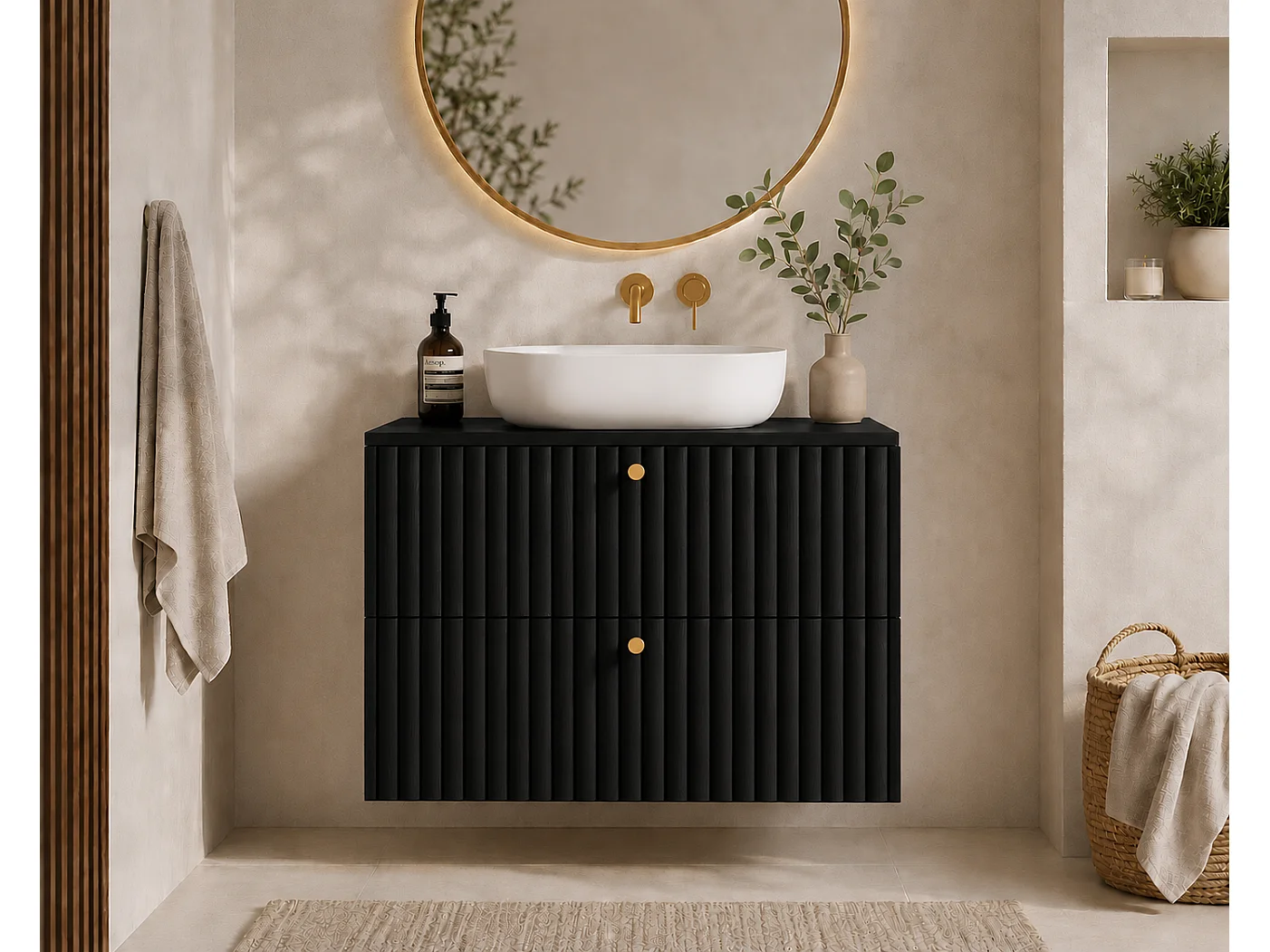 Wall-hung bathroom cabinet with countertop 80, black + black countertop, handles in three colours, 80 x 44,4 x 58,6 cm