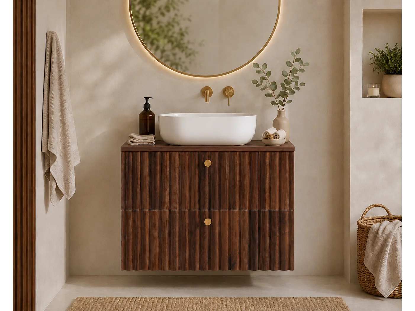 Wall-hung bathroom cabinet with countertop 80, walnut oak + walnut oak countertop, handles in three colours, 80 x 44,4 x 58,6 cm