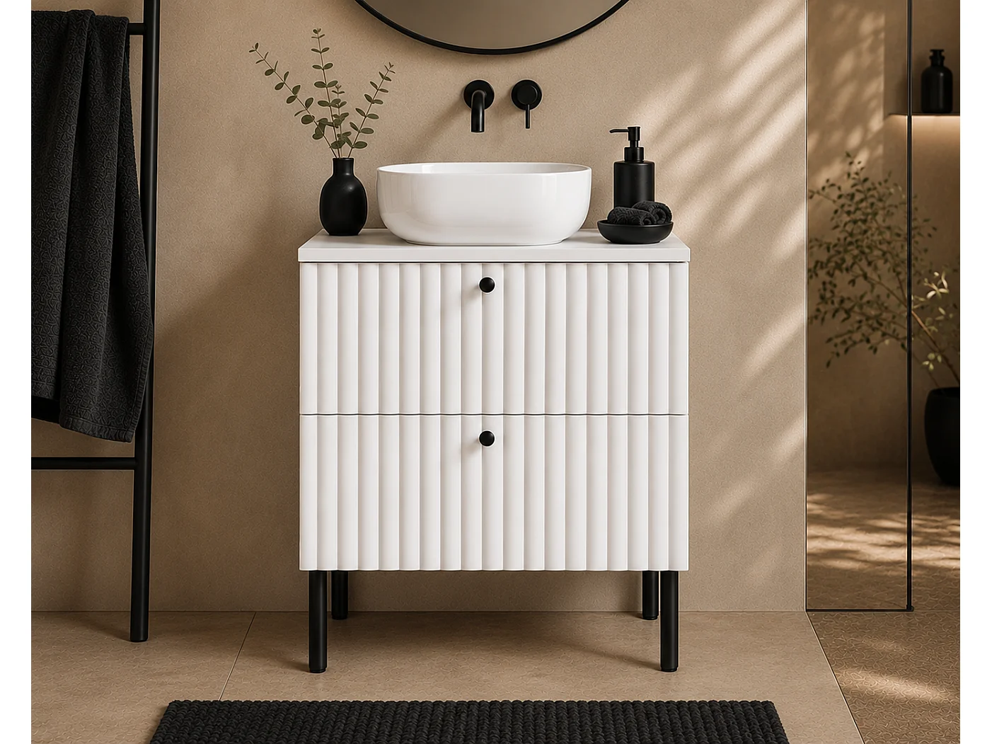 Mueble de baño de pie con encimera 60, blanco + encimera blanca, tiradores en tres colores, patas negras, 60 x 44,4 x 73,6 cm