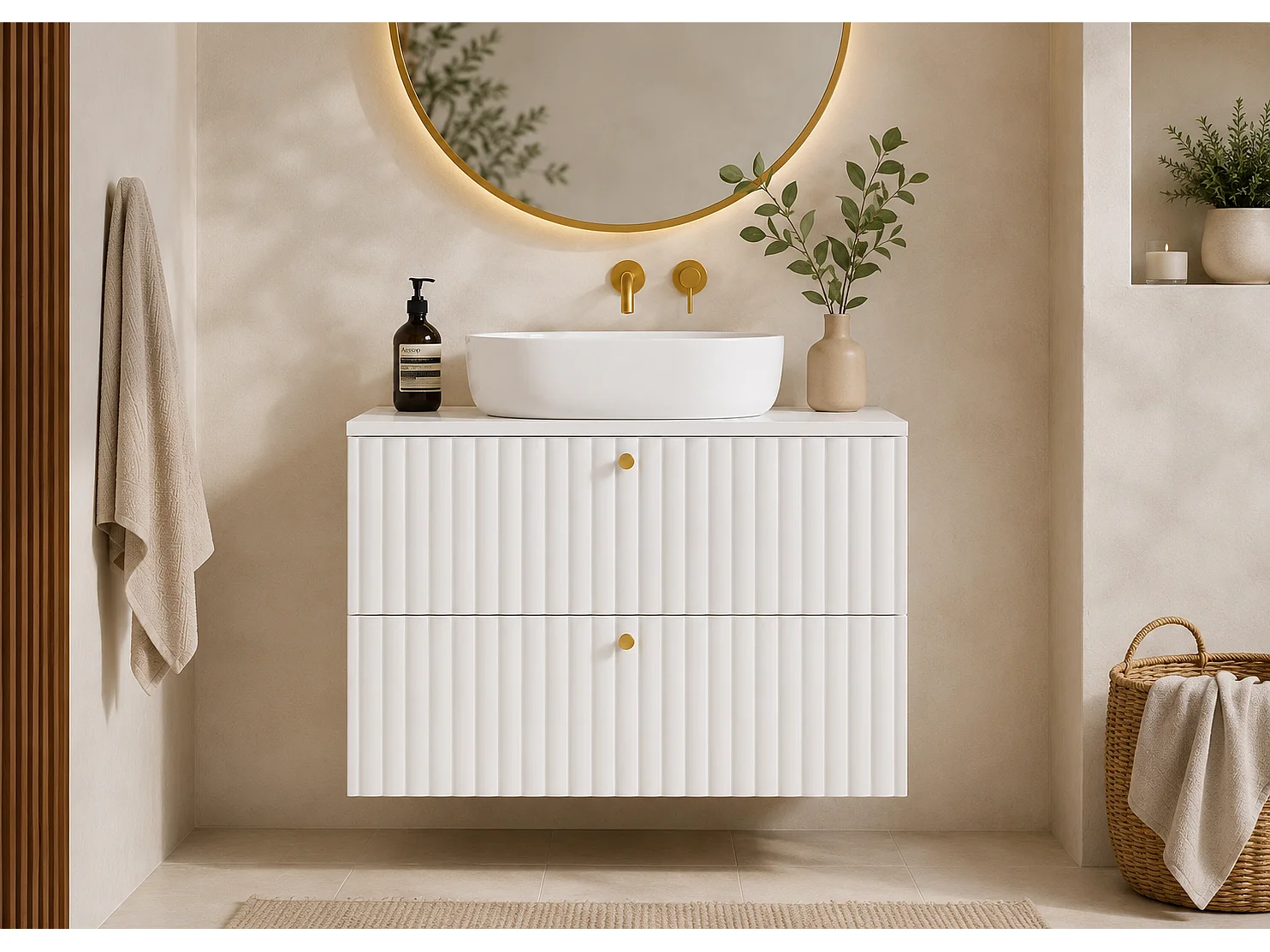 Meuble de salle de bain suspendu avec plan 80, blanc + plan blanc, poignées en trois couleurs, 80 x 46 x 58,6 cm