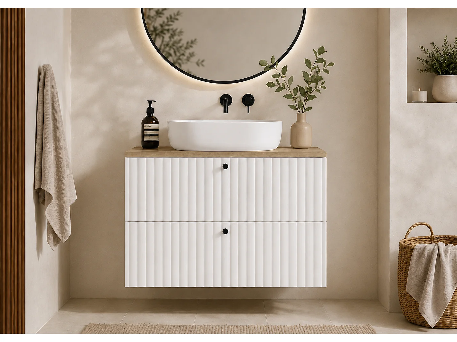 Meuble de salle de bain suspendu avec plan 80, blanc + plan chêne clair, poignées en trois couleurs, 80 x 44,4 x 58,6 cm