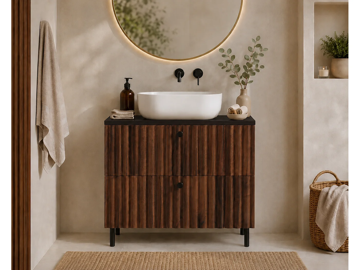 Free-standing bathroom cabinet with countertop 80, walnut oak + black countertop, handles in three colours, black legs, 80 x 44,4 x 73,6 cm