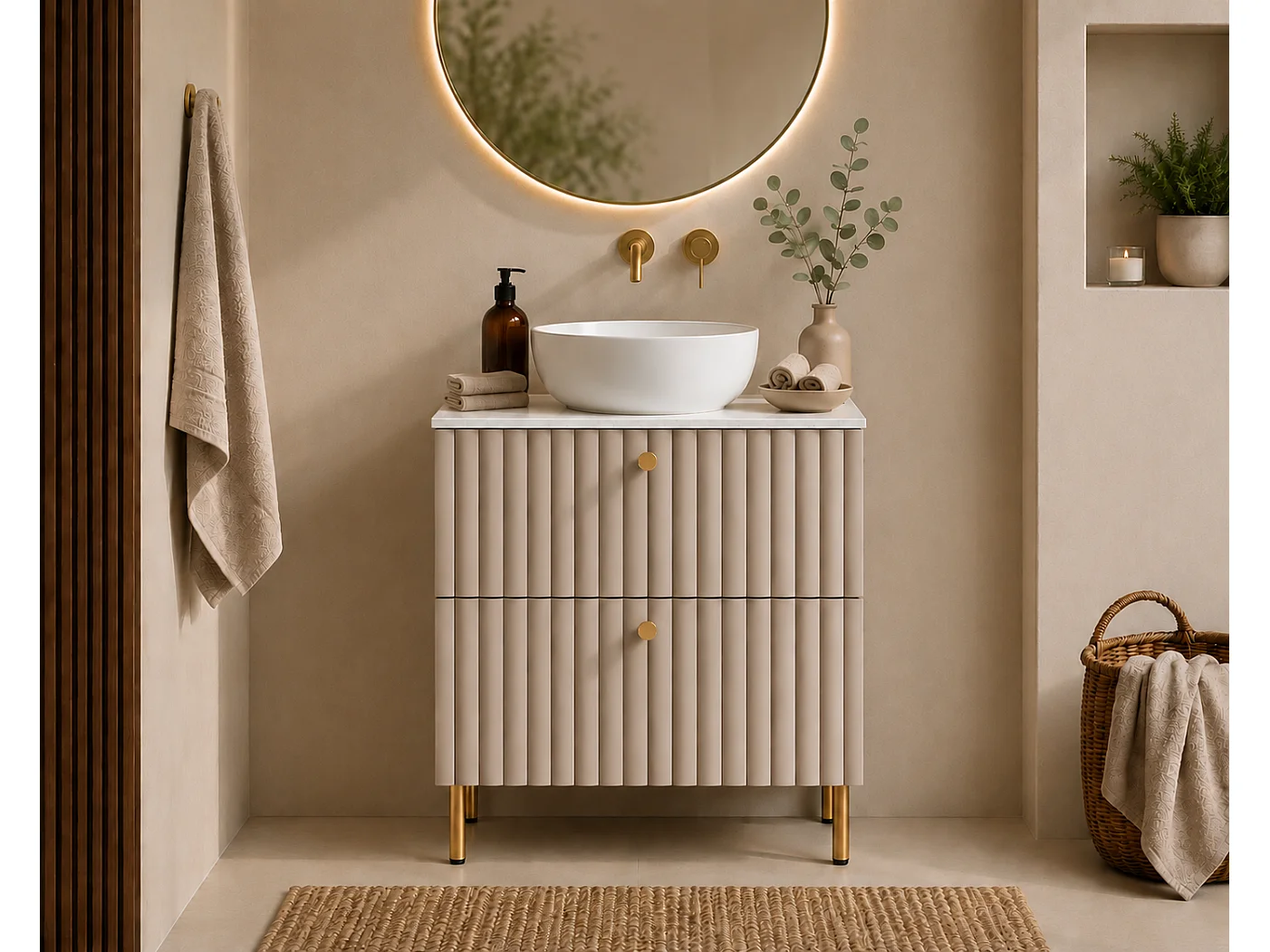 Meuble de salle de bain sur pieds avec plan 60, cachemire + plan effet marbre Bianco, poignées en trois couleurs, pieds dorés, 60 x 46 x 73,6 cm
