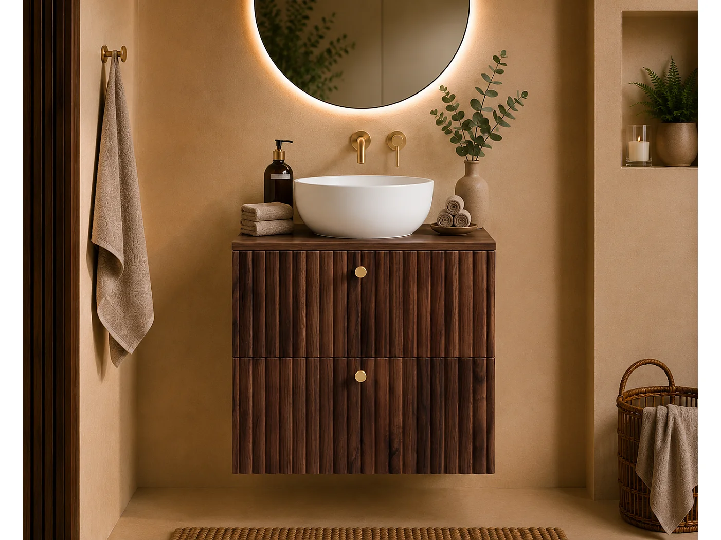 Badezimmer-Hängeschrank mit Platte 60, Eiche Nussbaum + Platte Eiche Nussbaum, Griffe in drei Farben, 60 x 44,4 x 58,6 cm