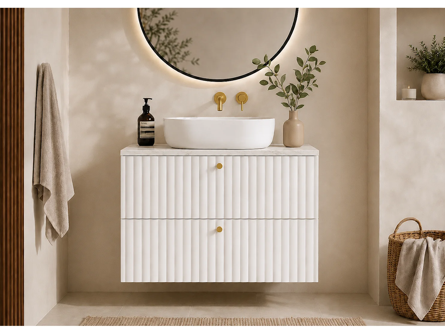Meuble de salle de bain suspendu avec plan 80, blanc + plan effet marbre Bianco, poignées en trois couleurs, 80 x 46 x 58,6 cm