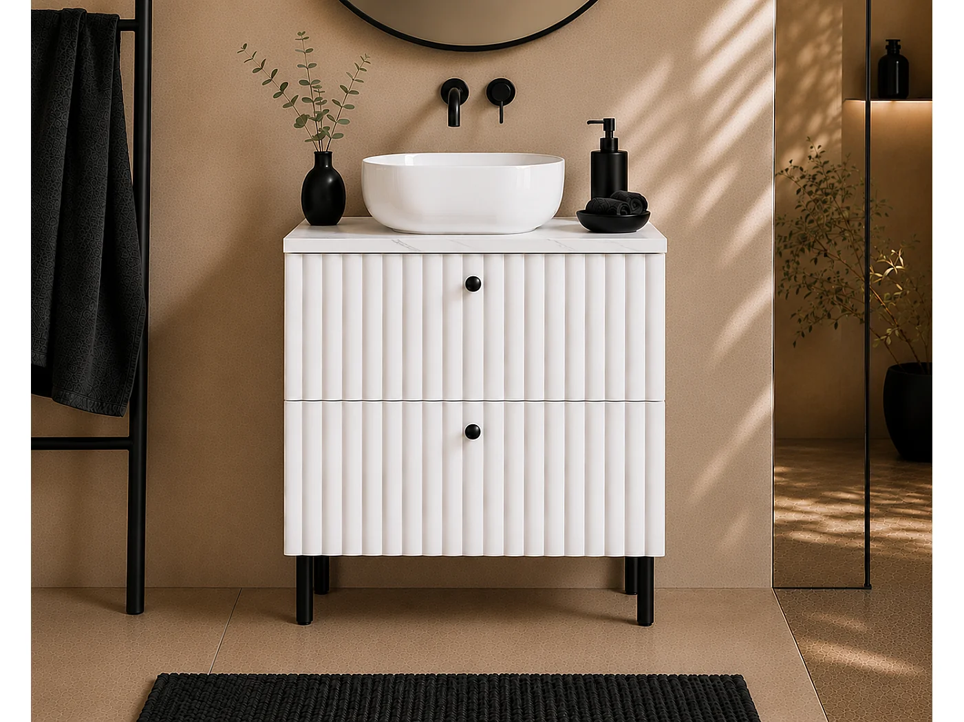 Szafka łazienkowa stojąca z blatem 60, biały + blat z efektem marmuru Bianco, uchwyty w trzech kolorach, nogi czarne, 60 x 44,4 x 73,6 cm