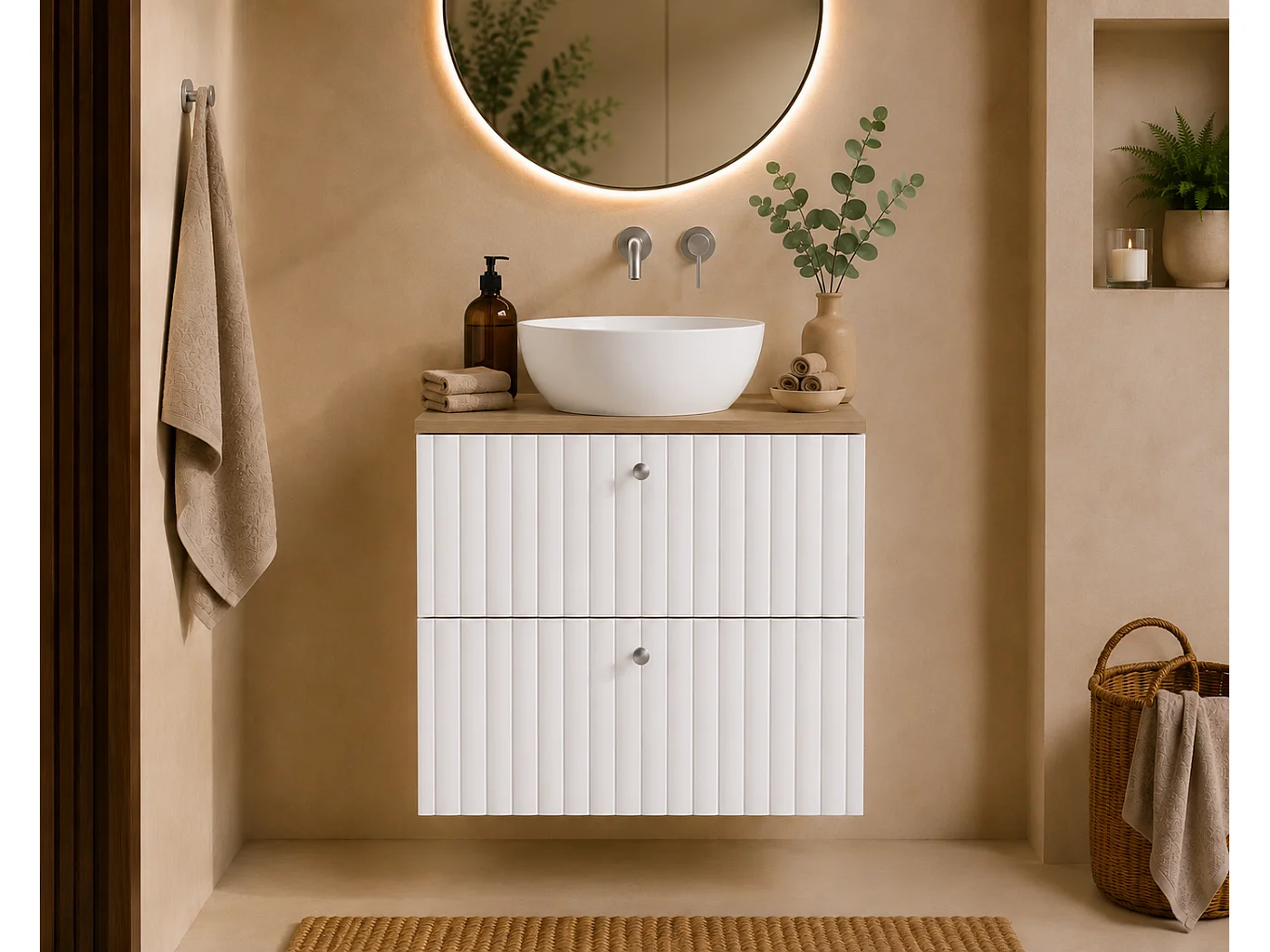 Meuble de salle de bain suspendu avec plan 60, blanc + plan chêne clair, poignées en trois couleurs, 60 x 44,4 x 58,6 cm