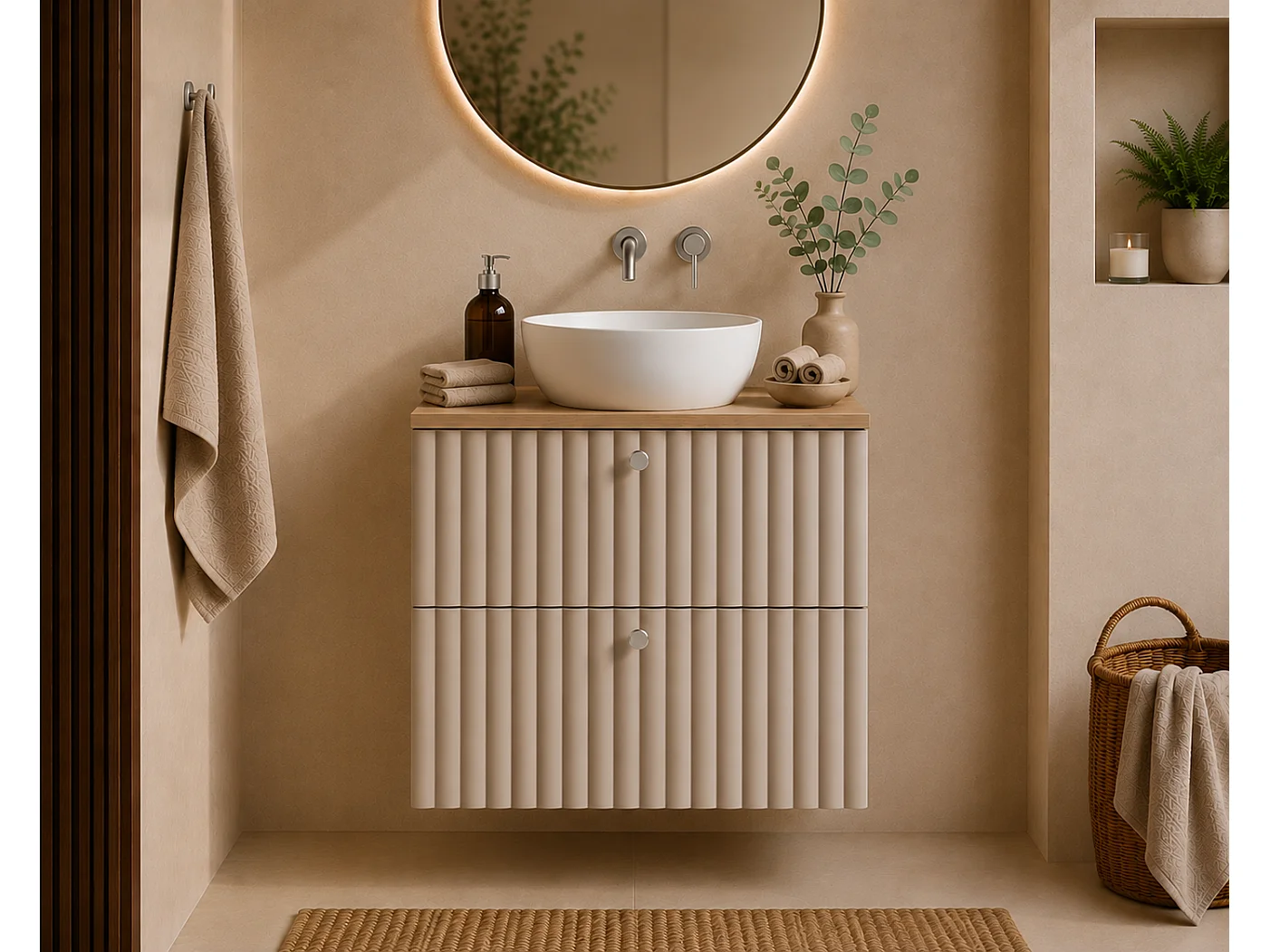 Meuble de salle de bain suspendu avec plan 60, cachemire + plan chêne clair, poignées en trois couleurs, 60 x 44,4 x 58,6 cm