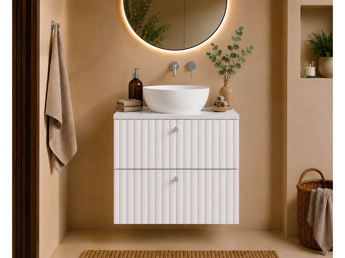 Mueble de baño suspendido con encimera 60, blanco + encimera con efecto mármol Bianco, tiradores en tres colores, 60 x 44,4 x 58,6 cm