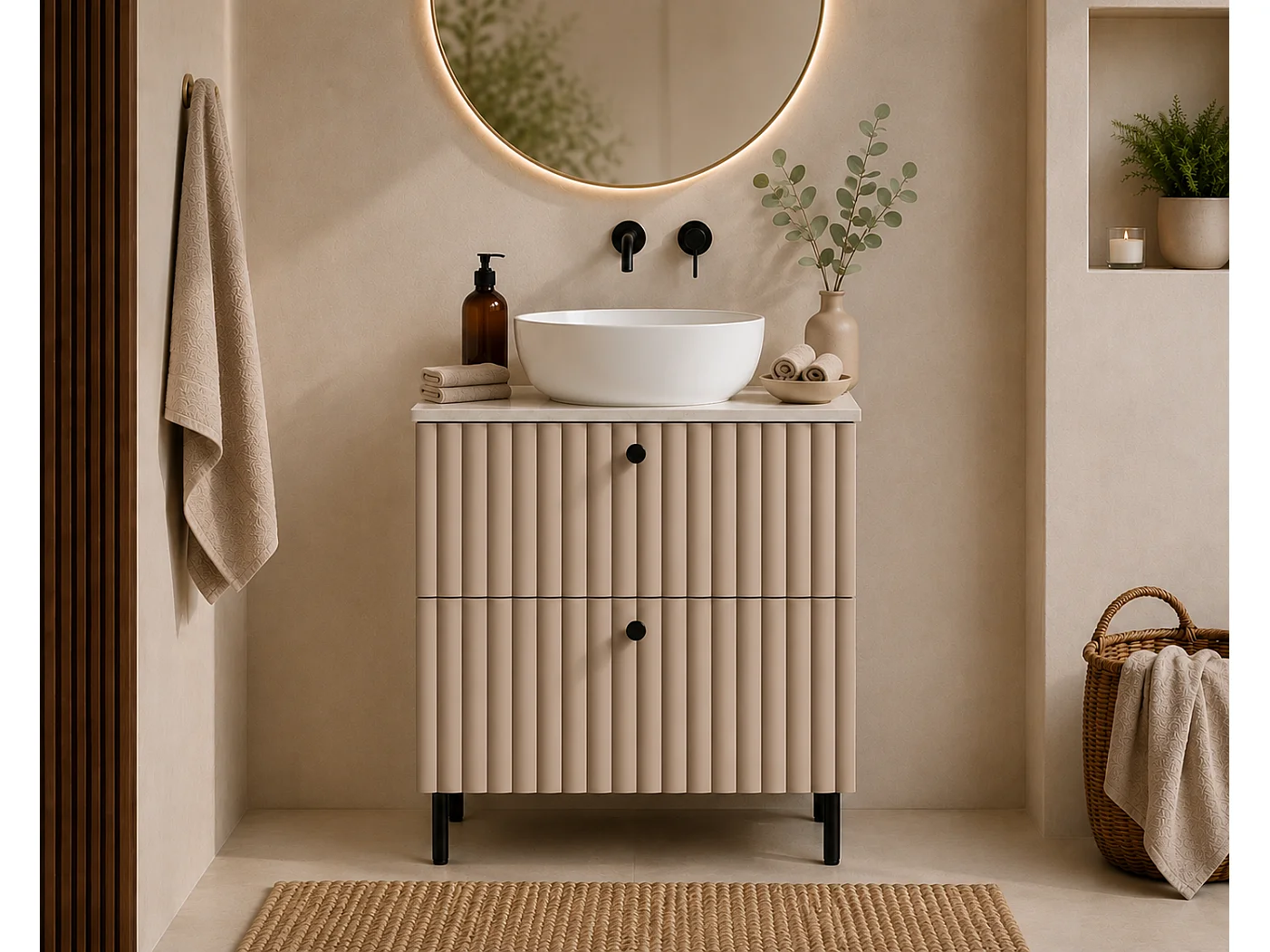Mobile da bagno a terra con piano 60, cachemire + piano effetto marmo Bianco, maniglie in tre colori, piedini neri, 60 x 46 x 73,6 cm