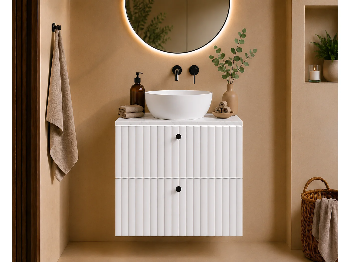 Móvel de casa de banho suspenso com tampo 60, branco + tampo com efeito mármore Bianco, puxadores em três cores, 60 x 44,4 x 58,6 cm