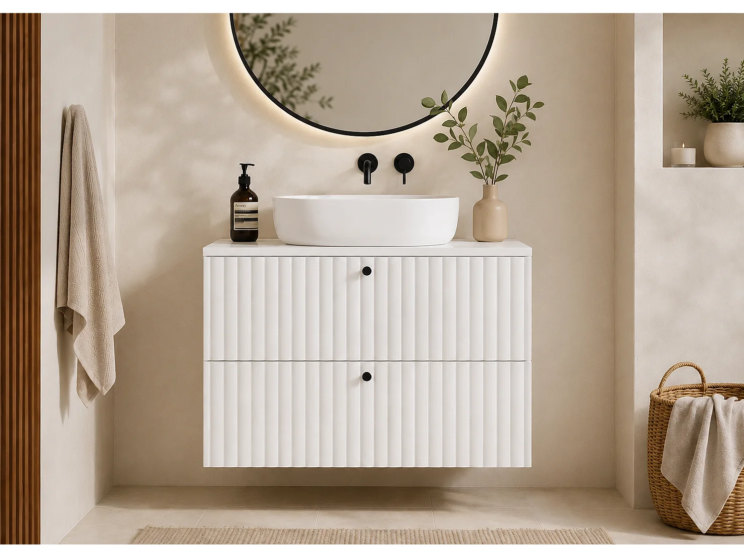 Meuble de salle de bain suspendu avec plan 80, blanc + plan blanc, poignées en trois couleurs, 80 x 46 x 58,6 cm