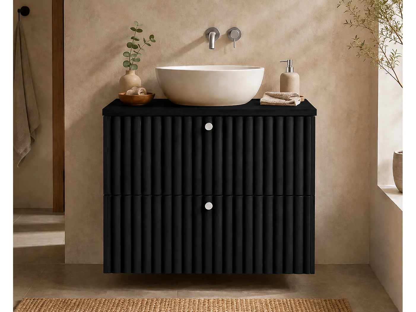 Meuble de salle de bain suspendu avec plan 60, noir + plan noir, poignées en trois couleurs, 60 x 46 x 58,6 cm