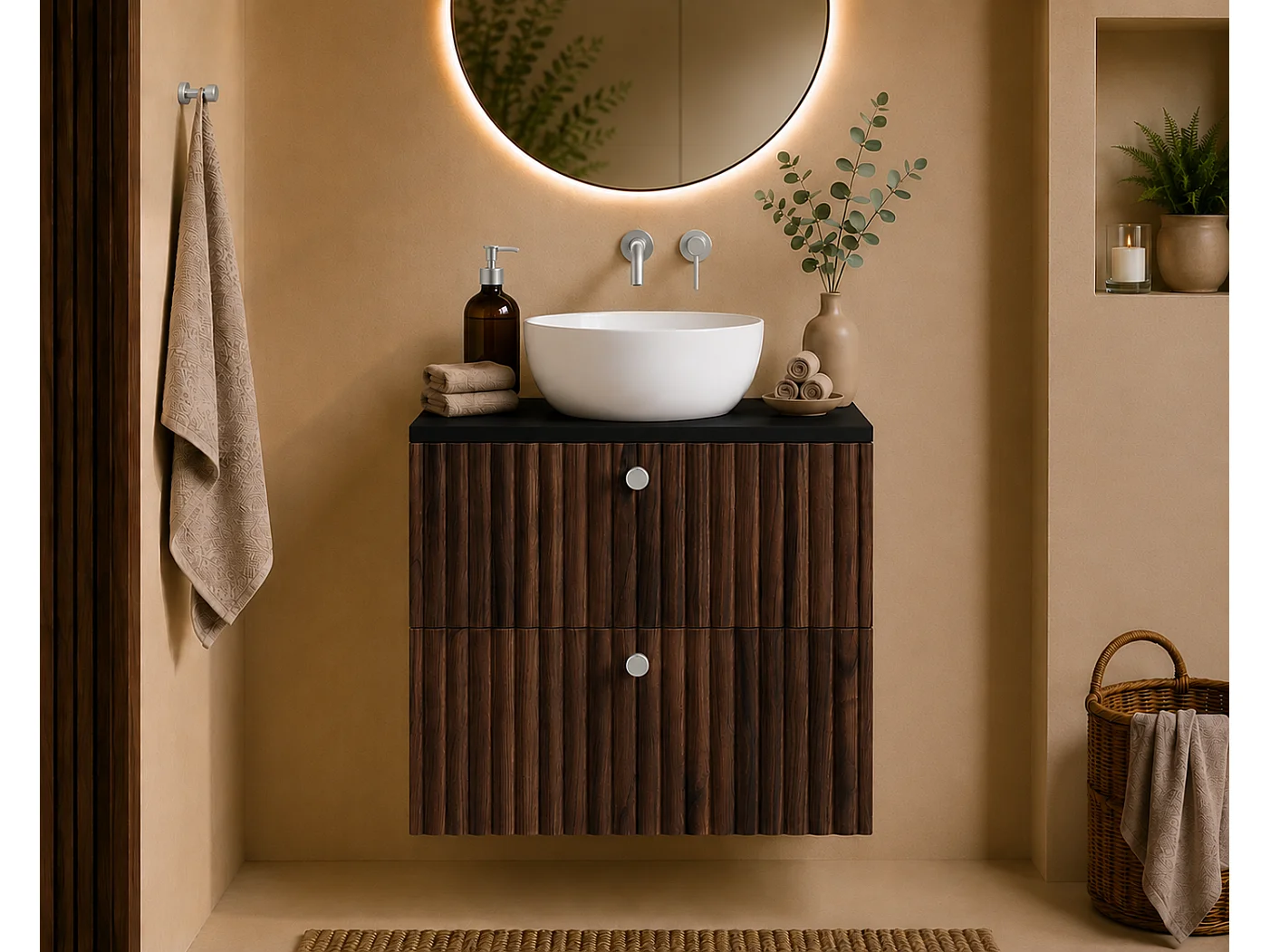 Meuble de salle de bain suspendu avec plan 60, chêne noyer + plan noir, poignées en trois couleurs, 60 x 44,4 x 58,6 cm