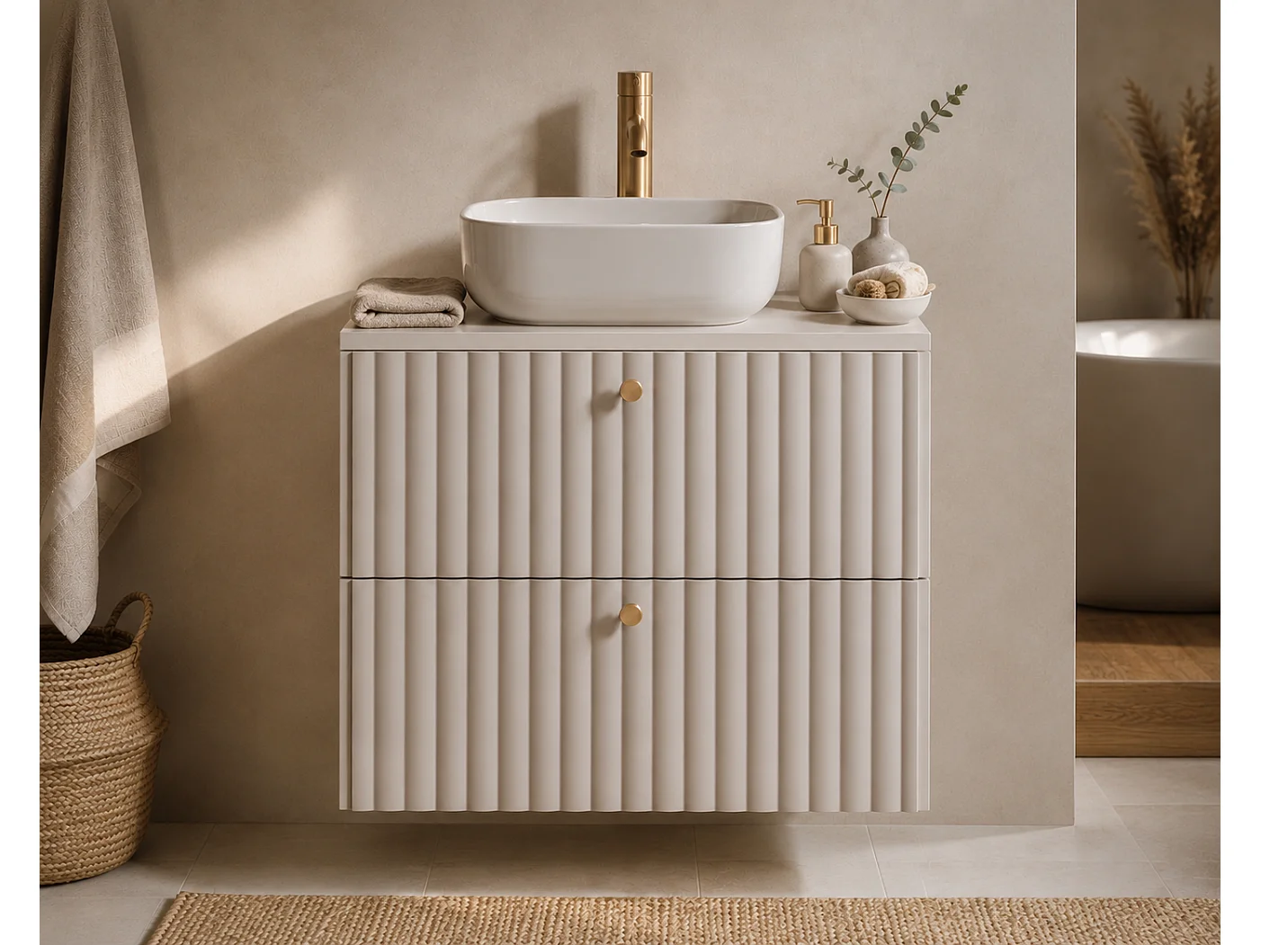 Meuble de salle de bain suspendu avec plan 60, cachemire + plan cachemire, poignées en trois couleurs, 60 x 46 x 58,6 cm