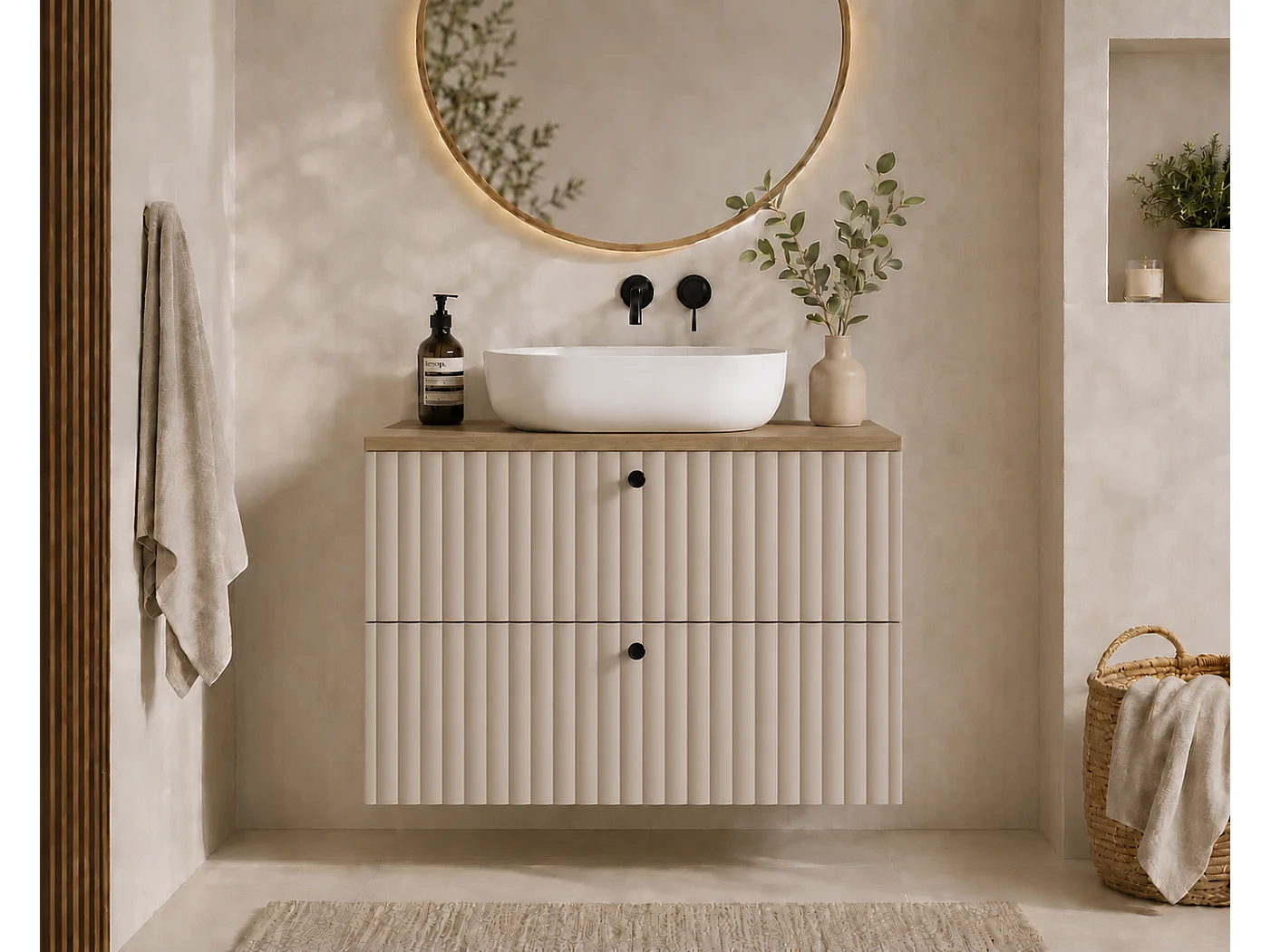 Meuble de salle de bain suspendu avec plan 80, cachemire + plan chêne clair, poignées en trois couleurs, 80 x 44,4 x 58,6 cm