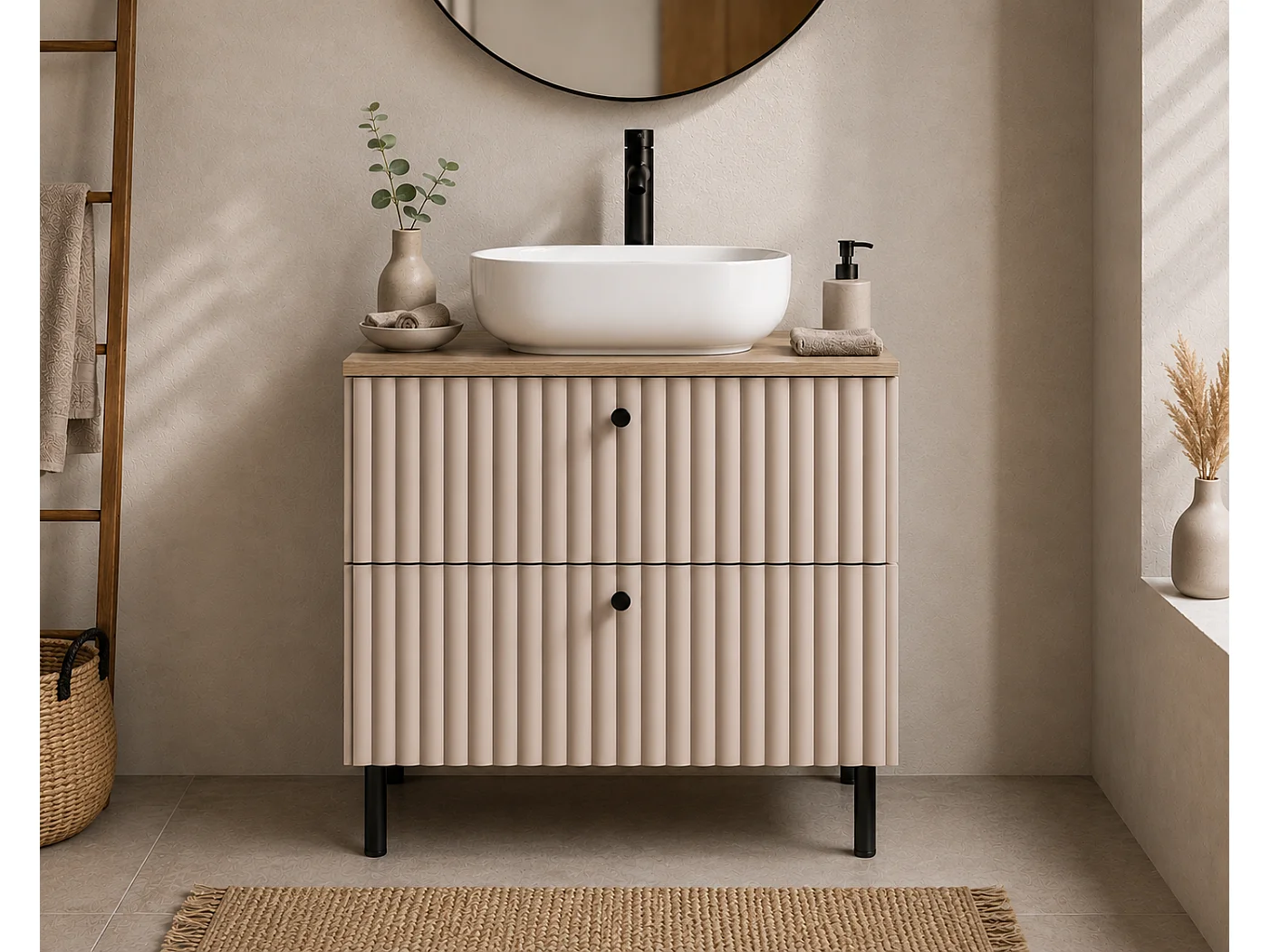 Meuble de salle de bain sur pieds avec plan 80, cachemire + plan chêne clair, poignées en trois couleurs, pieds noirs, 80 x 44,4 x 73,6 cm
