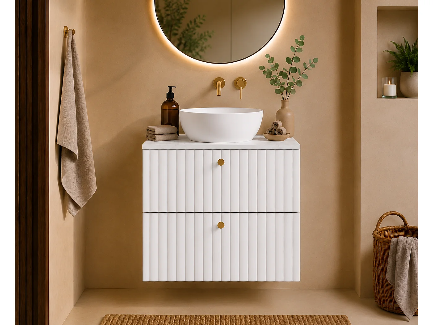 Meuble de salle de bain suspendu avec plan 60, blanc + plan effet marbre Bianco, poignées en trois couleurs, 60 x 46 x 58,6 cm