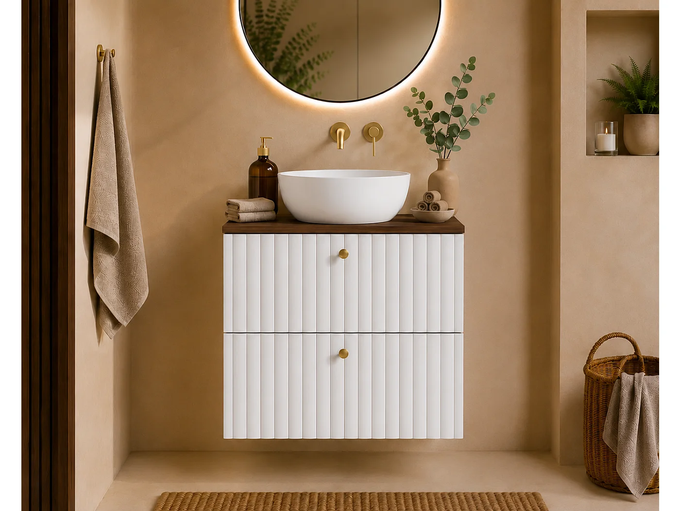 Meuble de salle de bain suspendu avec plan 60, blanc + plan chêne noyer, poignées en trois couleurs, 60 x 44,4 x 58,6 cm