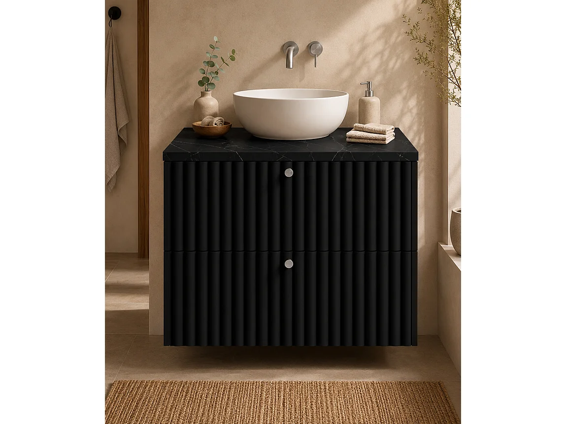 Meuble de salle de bain suspendu avec plan 60, noir + plan effet marbre Black Royal, poignées en trois couleurs, 60 x 46 x 58,6 cm