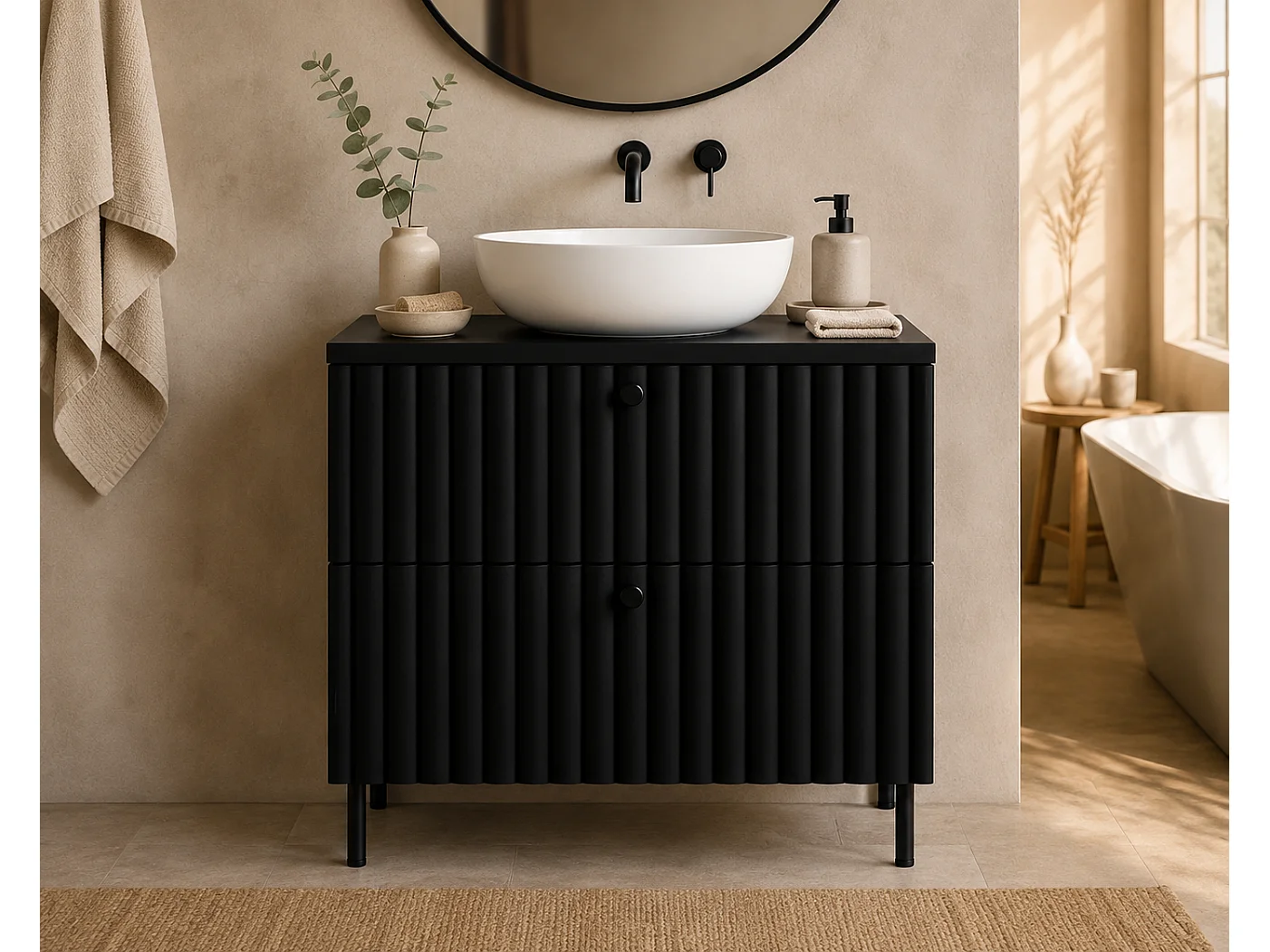 Mobile da bagno a terra con piano 60, nero + piano nero, maniglie in tre colori, piedini neri, 60 x 44,4 x 73,6 cm
