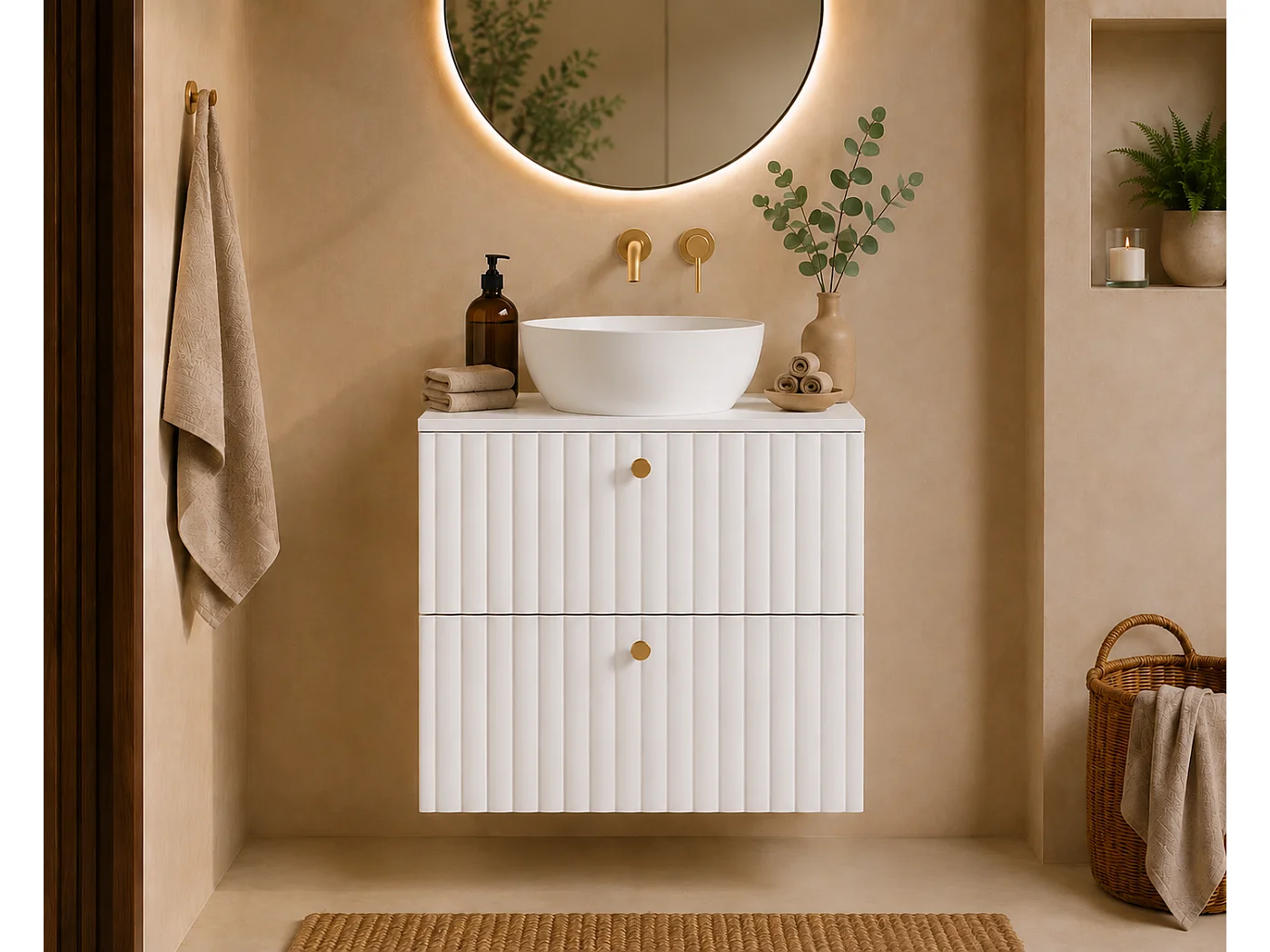 Mobile da bagno sospeso con piano 60, bianco + piano bianco, maniglie in tre colori, 60 x 44,4 x 58,6 cm