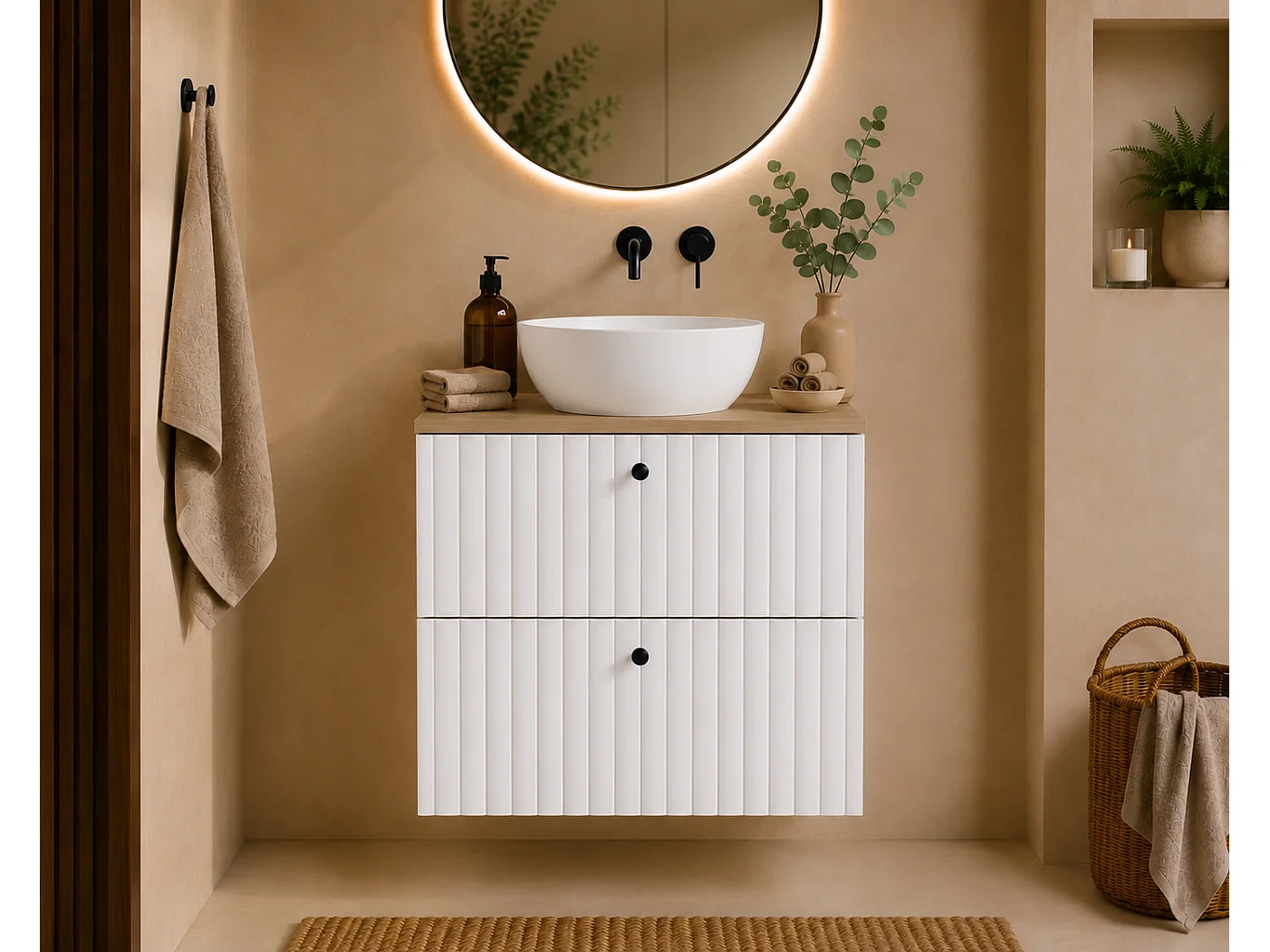 Meuble de salle de bain suspendu avec plan 60, blanc + plan chêne clair, poignées en trois couleurs, 60 x 46 x 58,6 cm