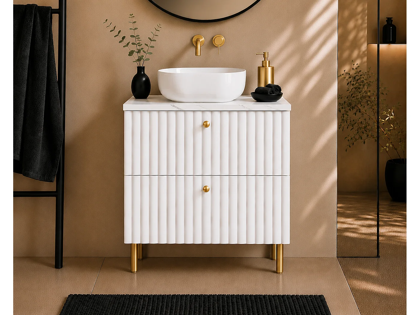 Mobile da bagno a terra con piano 60, bianco + piano effetto marmo Bianco, maniglie in tre colori, piedini dorati, 60 x 44,4 x 73,6 cm