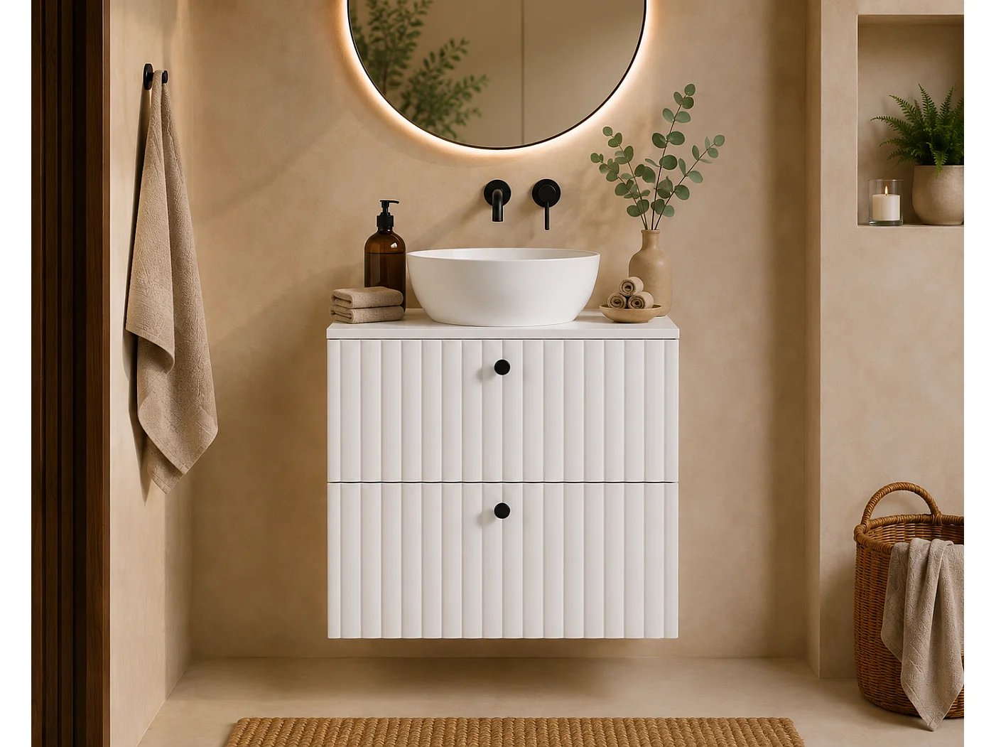 Mueble de baño suspendido con encimera 60, blanco + encimera blanca, tiradores en tres colores, 60 x 44,4 x 58,6 cm