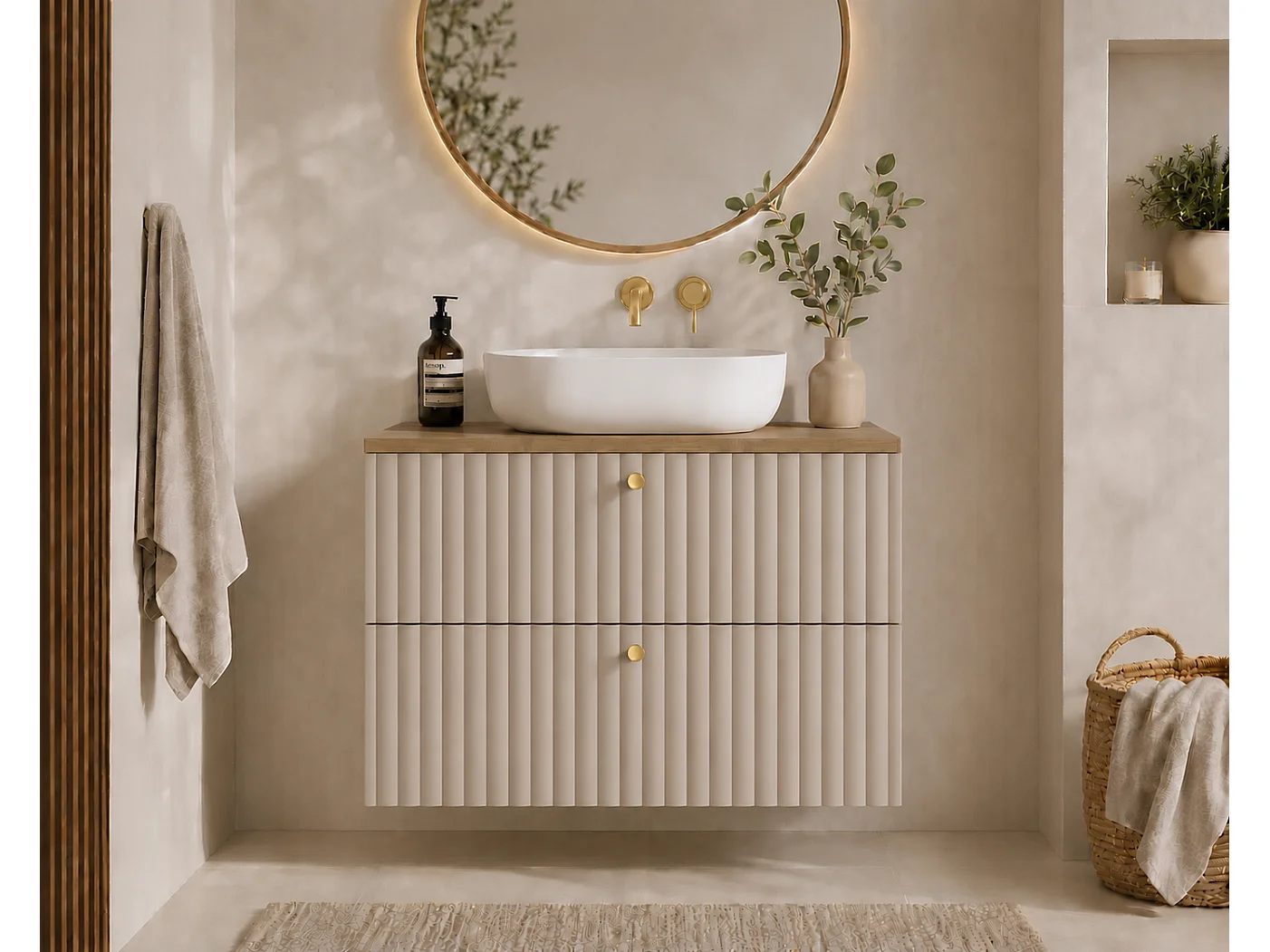 Meuble de salle de bain suspendu avec plan 80, cachemire + plan chêne clair, poignées en trois couleurs, 80 x 44,4 x 58,6 cm