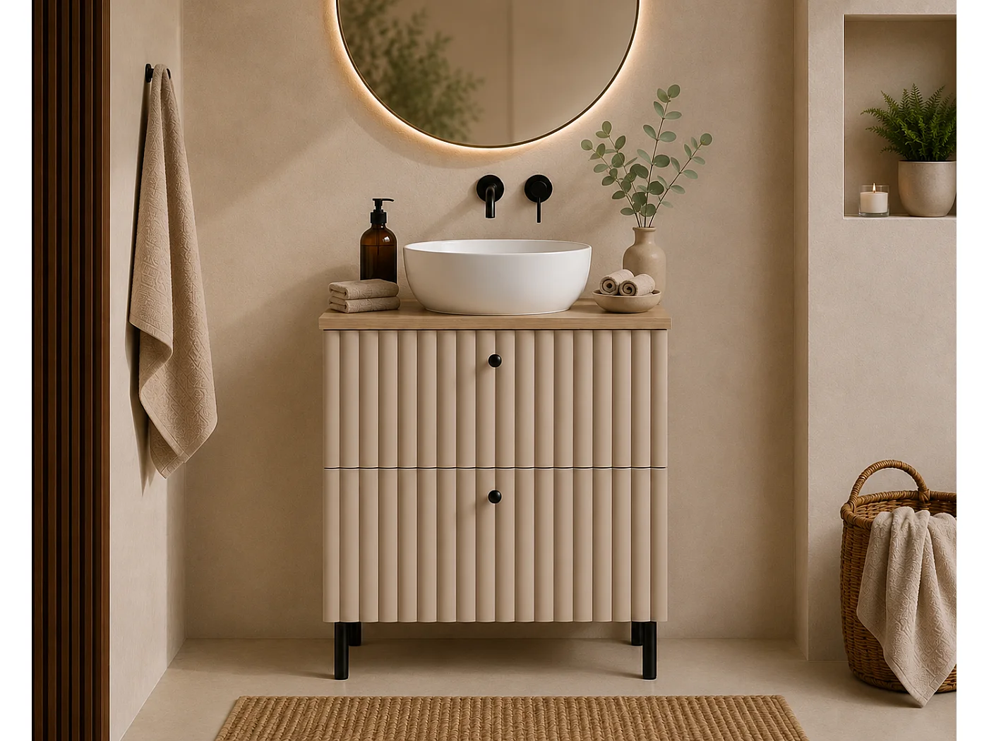 Mobile da bagno a terra con piano 60, cachemire + piano rovere chiaro, maniglie in tre colori, piedini neri, 60 x 44,4 x 73,6 cm