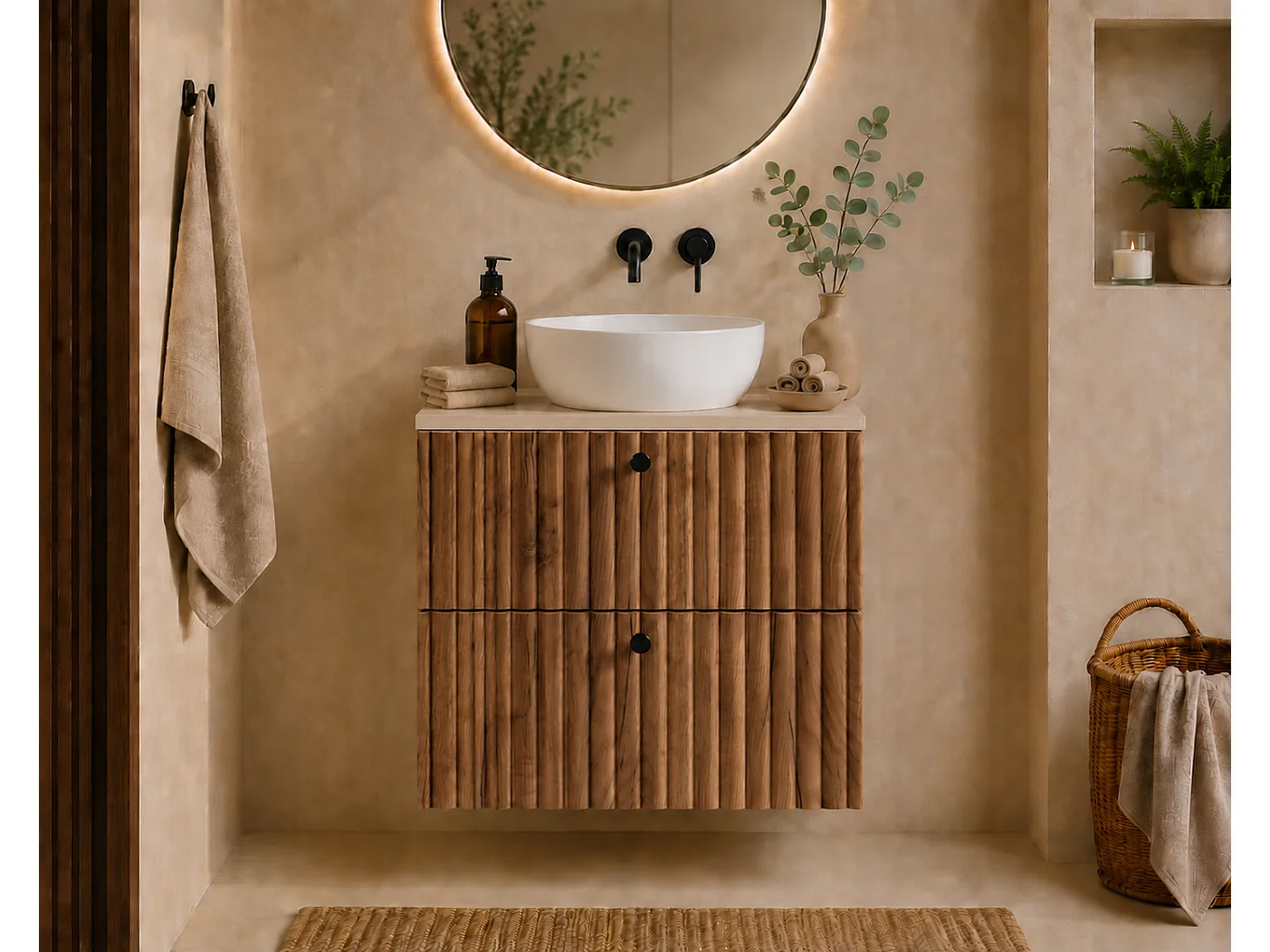 Mobile da bagno sospeso con piano 60, rovere craft oro + piano cachemire, maniglie in tre colori, 60 x 44,4 x 58,6 cm
