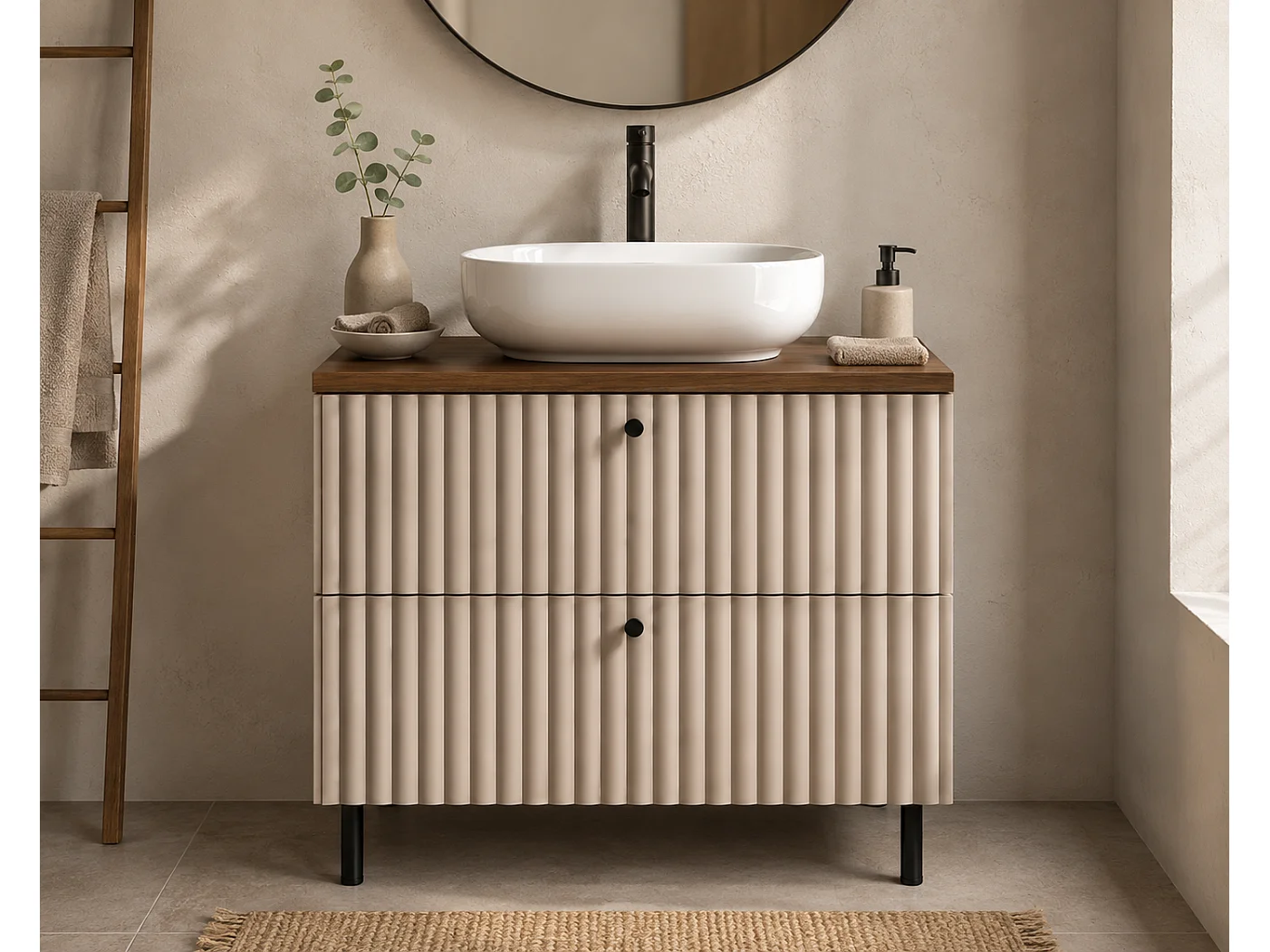 Mobile da bagno a terra con piano 80, cachemire + piano rovere noce, maniglie in tre colori, piedini neri, 80 x 44,4 x 73,6 cm