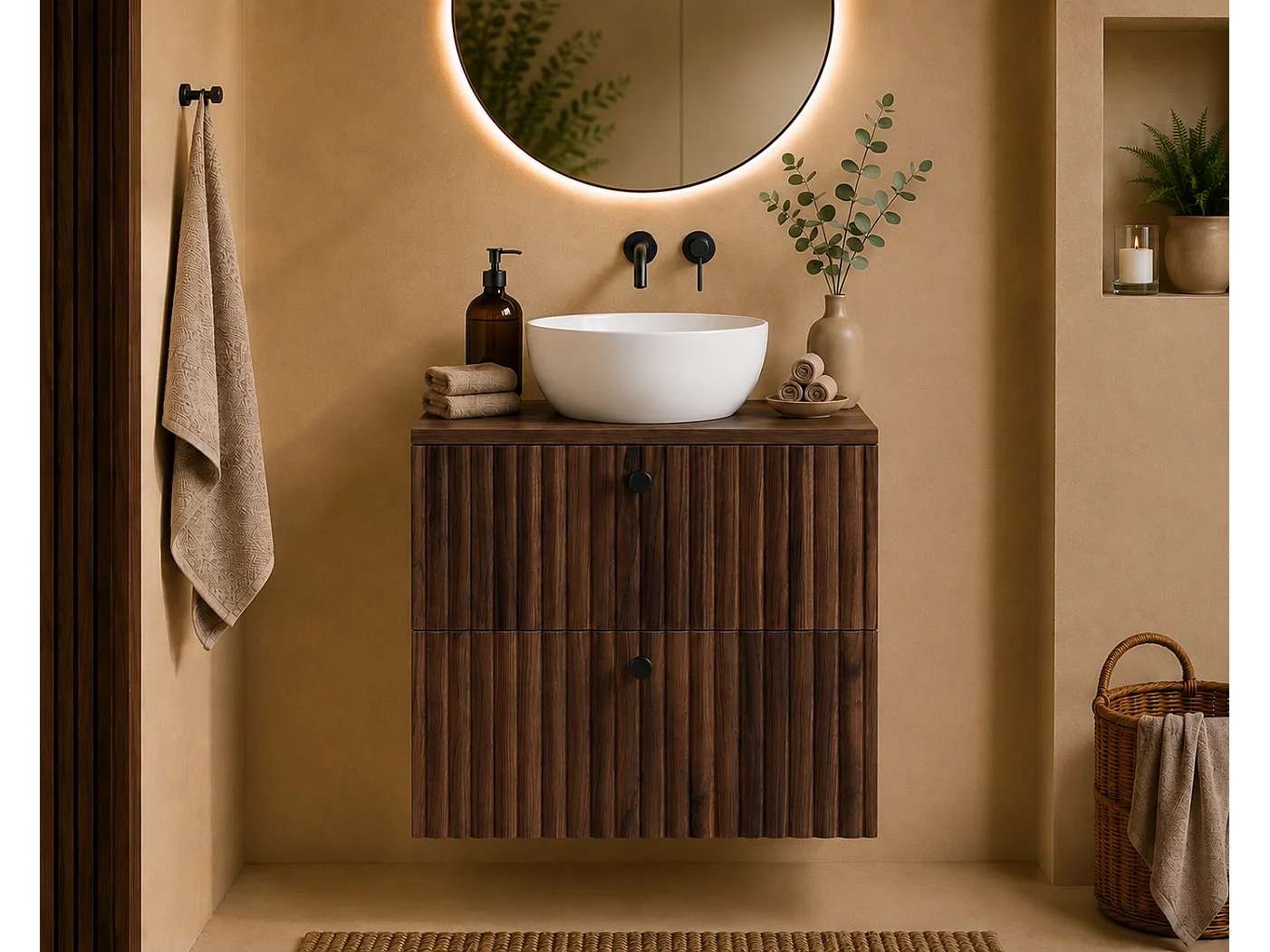 Mobile da bagno sospeso con piano 60, rovere noce + piano rovere noce, maniglie in tre colori, 60 x 44,4 x 58,6 cm
