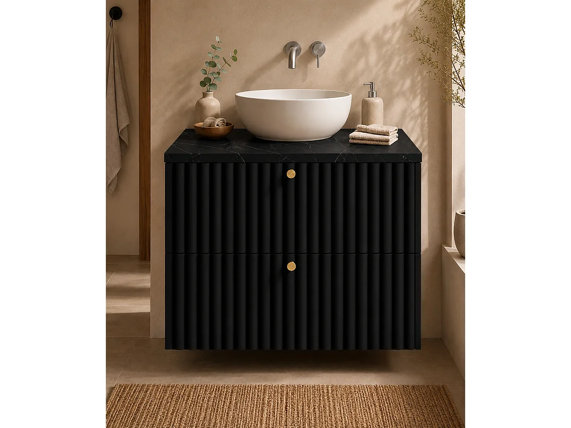 Mobile da bagno sospeso con piano 60, nero + piano effetto marmo Black Royal, maniglie in tre colori, 60 x 44,4 x 58,6 cm