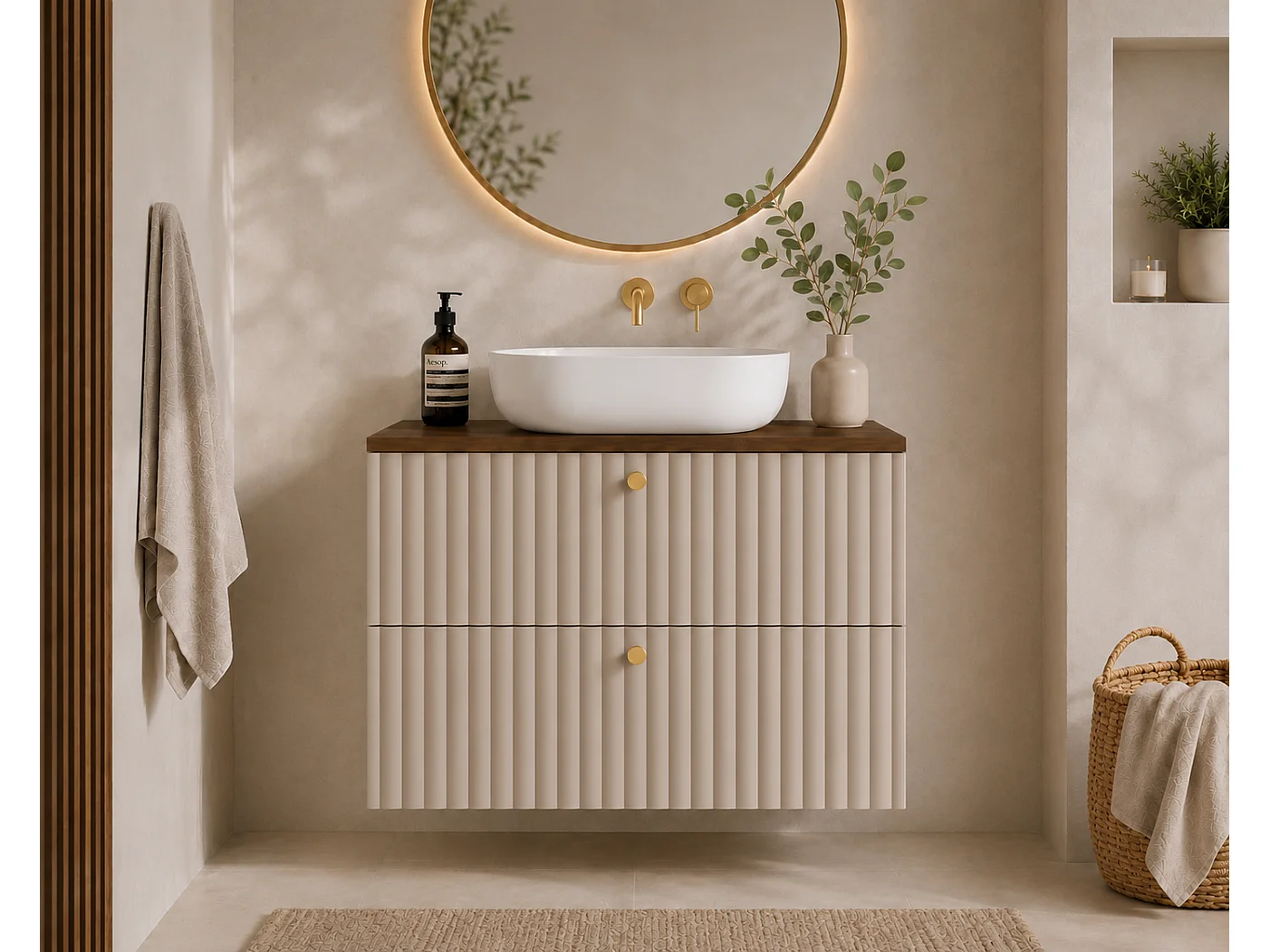 Meuble de salle de bain suspendu avec plan 80, cachemire + plan chêne noyer, poignées en trois couleurs, 80 x 44,4 x 58,6 cm