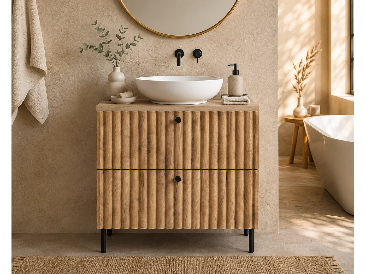Mobile da bagno a terra con piano 60, rovere craft oro + piano nero, maniglie in tre colori, piedini neri, 60 x 44,4 x 73,6 cm