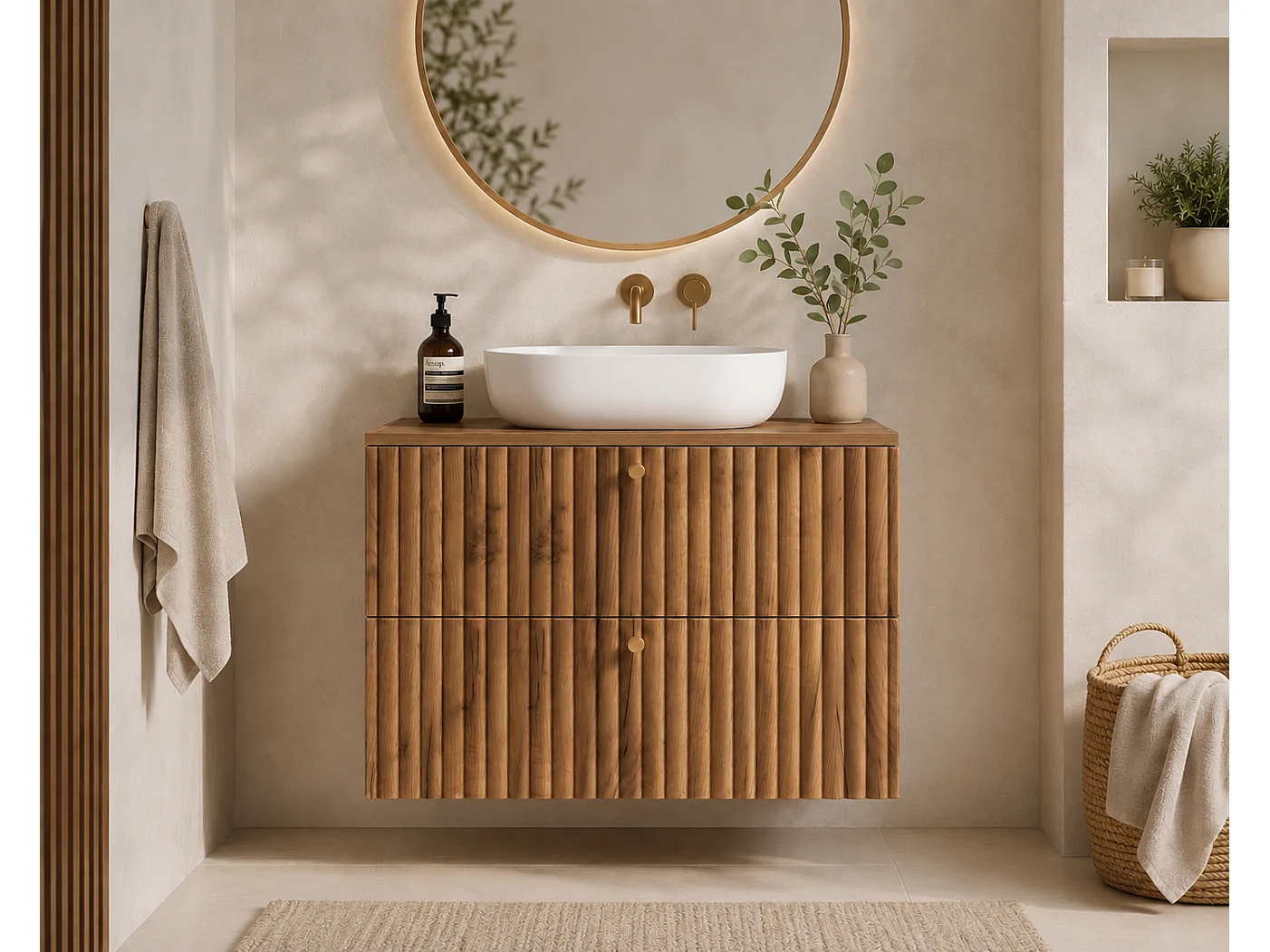 Meuble de salle de bain suspendu avec plan 80, chêne craft doré + plan chêne craft, poignées en trois couleurs, 80 x 44,4 x 58,6 cm