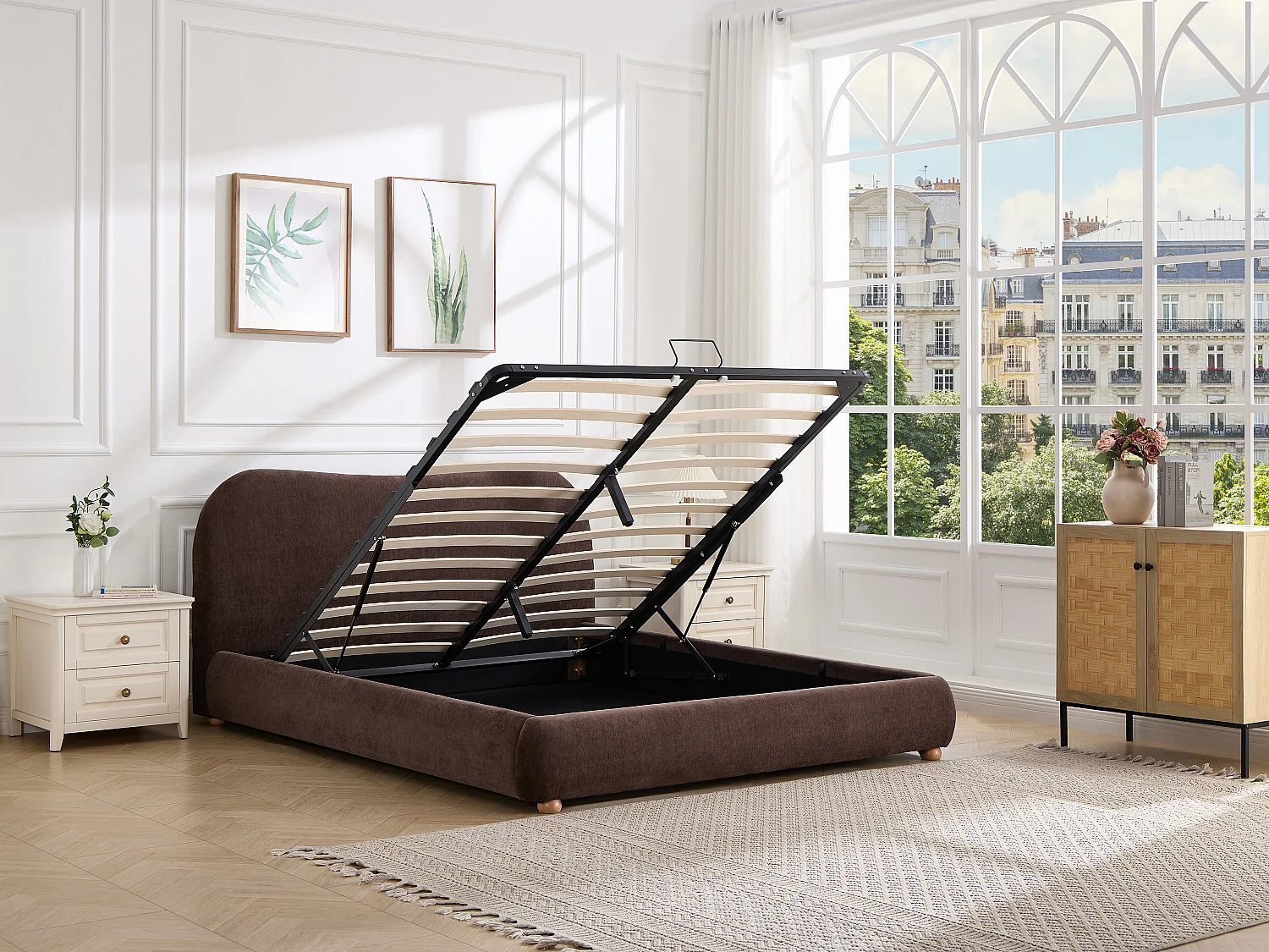 Lit coffre 160 x 200 cm - Tissu chenille - Marron + Matelas - VANARI