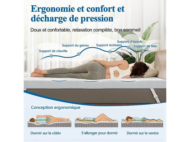 Surmatelas 120 x 200 cm, 10cm - surmatelas en gel avec housse amovible et lavable, surmatelas en mousse de gel pour sommier et canapé-lit, certifié CertiPUR-US