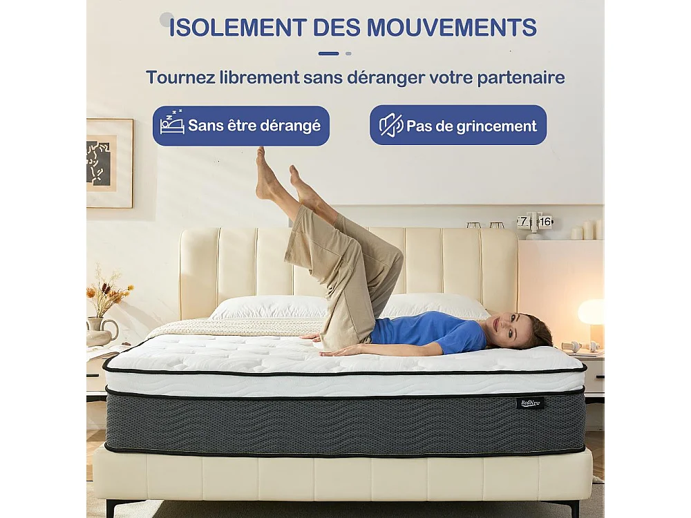 Matelas 90×200 cm - Matras ressort H3 Hauteur 31 cm - Matelas hybride orthopédique de poche à 7 zones avec couche de mousse mémoire confort