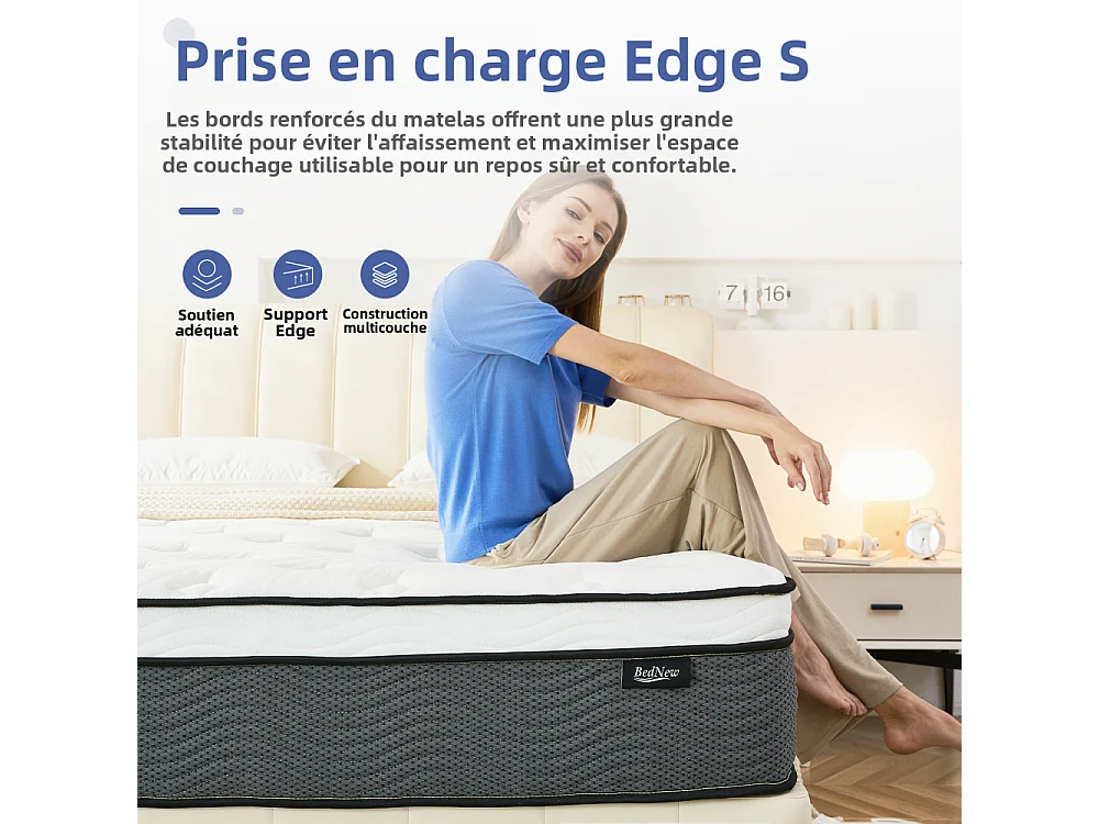 Matelas 180×200 cm - Matras ressort H3 Hauteur 31 cm - Matelas hybride orthopédique de poche à 7 zones avec couche de mousse mémoire confort