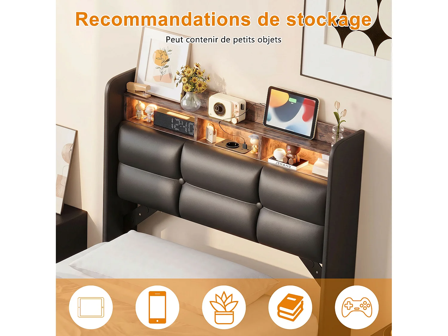 Lit Coffre 90x200CM,Tête de Lit capitonné avec Rangement et LED,Prise de recharge,Lit adulte avec sommier,Tissu en cuir,Noir
