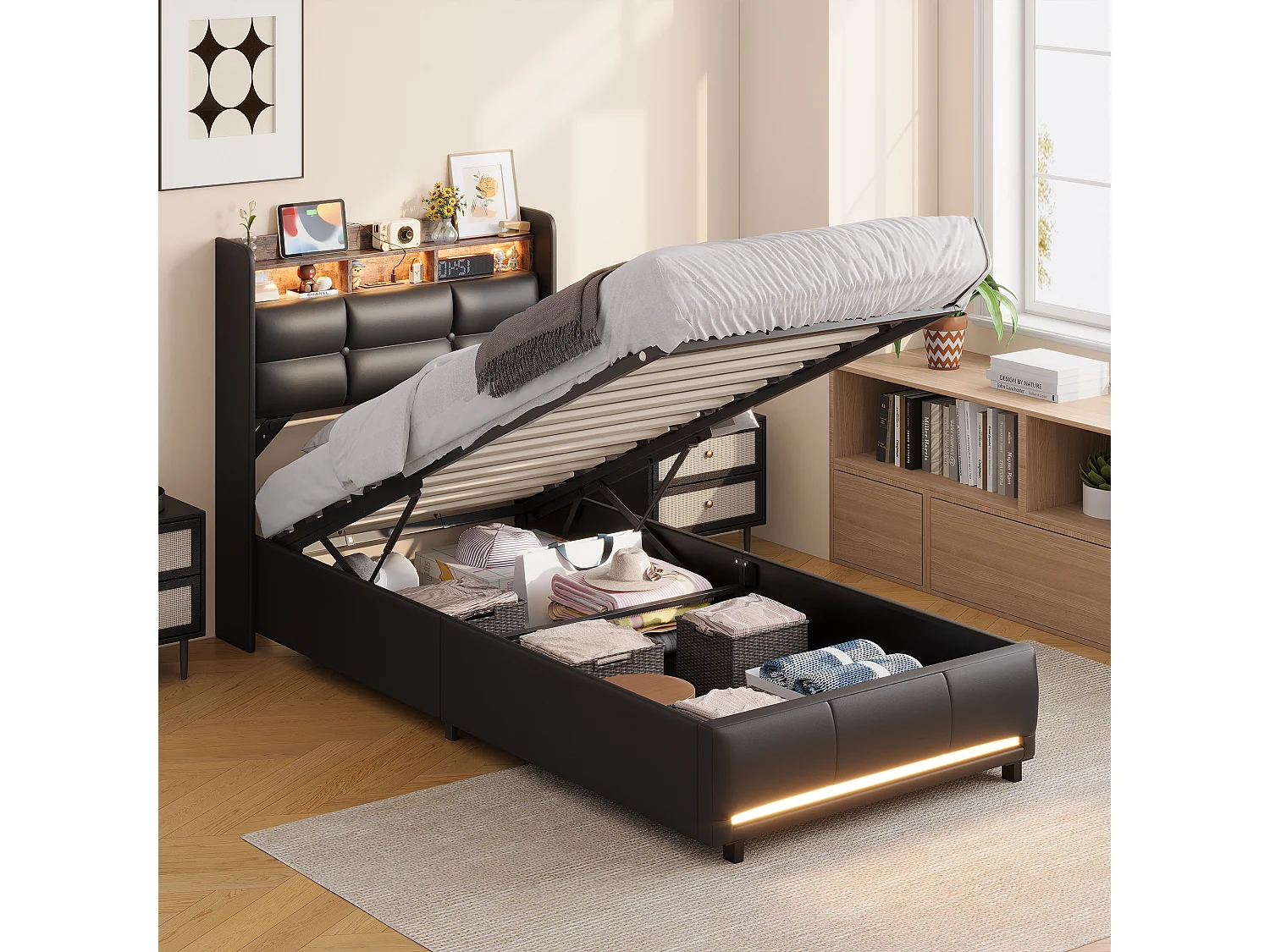 Lit Coffre 90x200CM,Tête de Lit capitonné avec Rangement et LED,Prise de recharge,Lit adulte avec sommier,Tissu en cuir,Noir