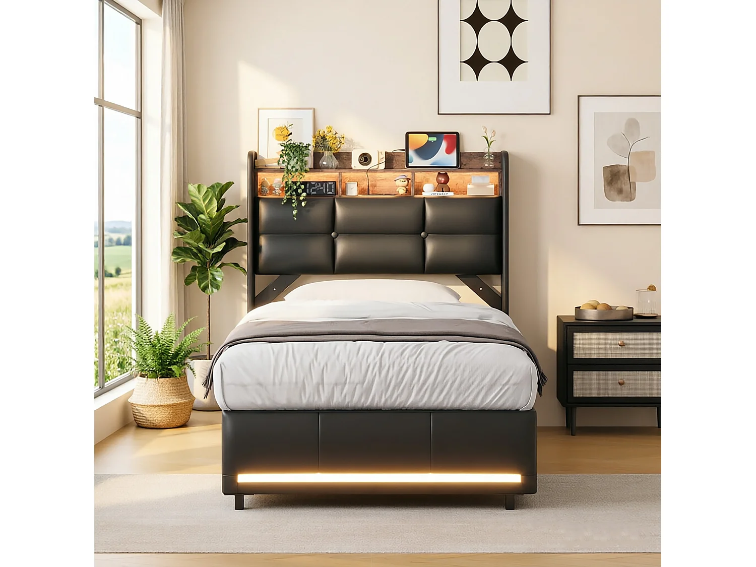 Lit Coffre 90x200CM,Tête de Lit capitonné avec Rangement et LED,Prise de recharge,Lit adulte avec sommier,Tissu en cuir,Noir