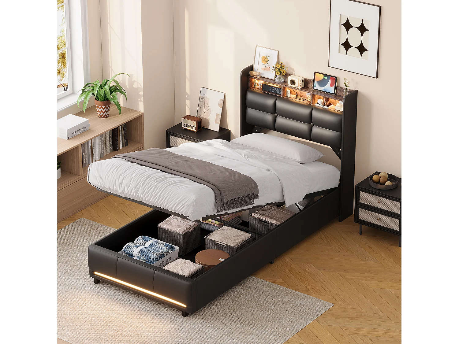 Lit Coffre 90x200CM,Tête de Lit capitonné avec Rangement et LED,Prise de recharge,Lit adulte avec sommier,Tissu en cuir,Noir