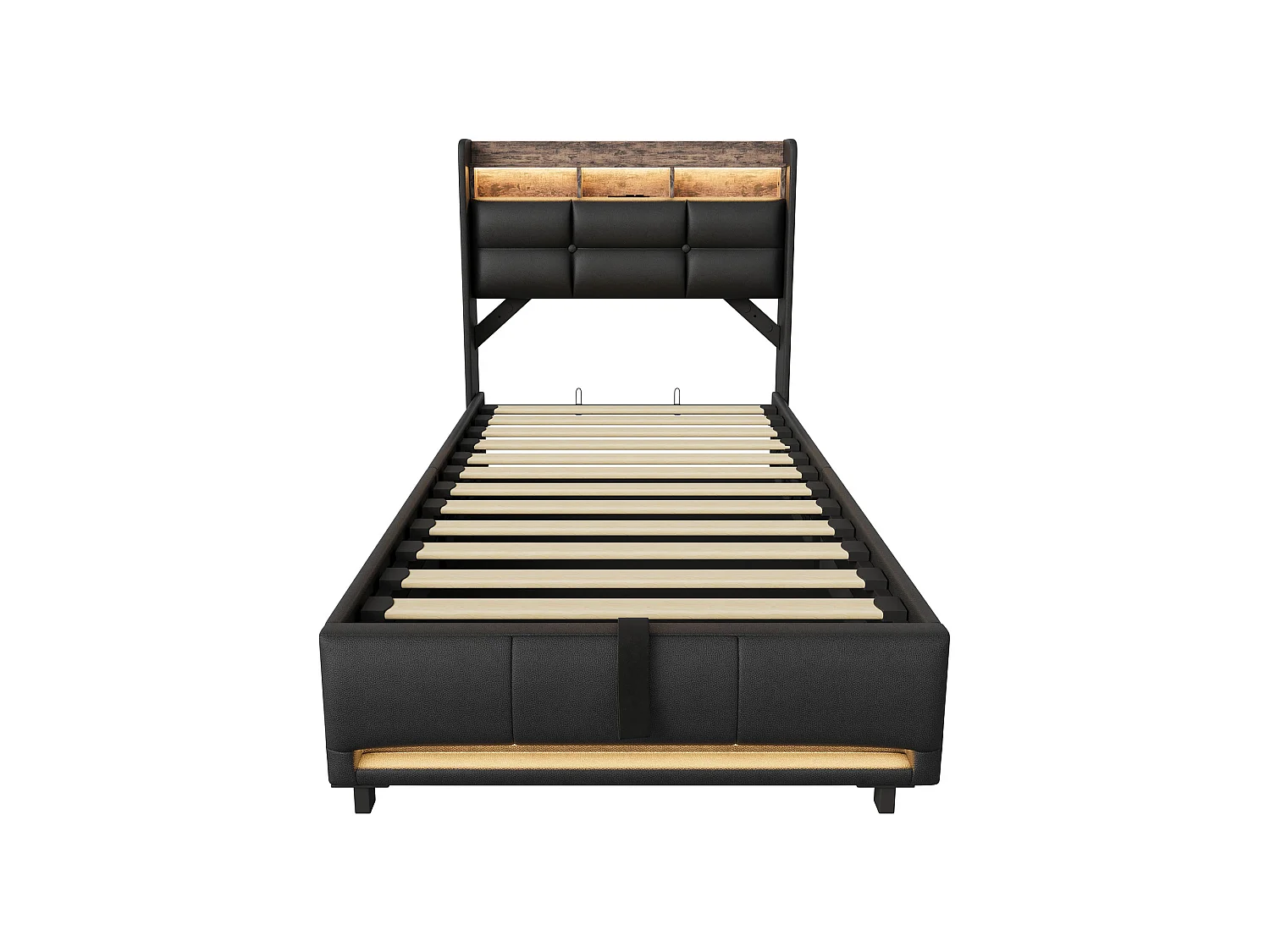 Lit Coffre 90x200CM,Tête de Lit capitonné avec Rangement et LED,Prise de recharge,Lit adulte avec sommier,Tissu en cuir,Noir